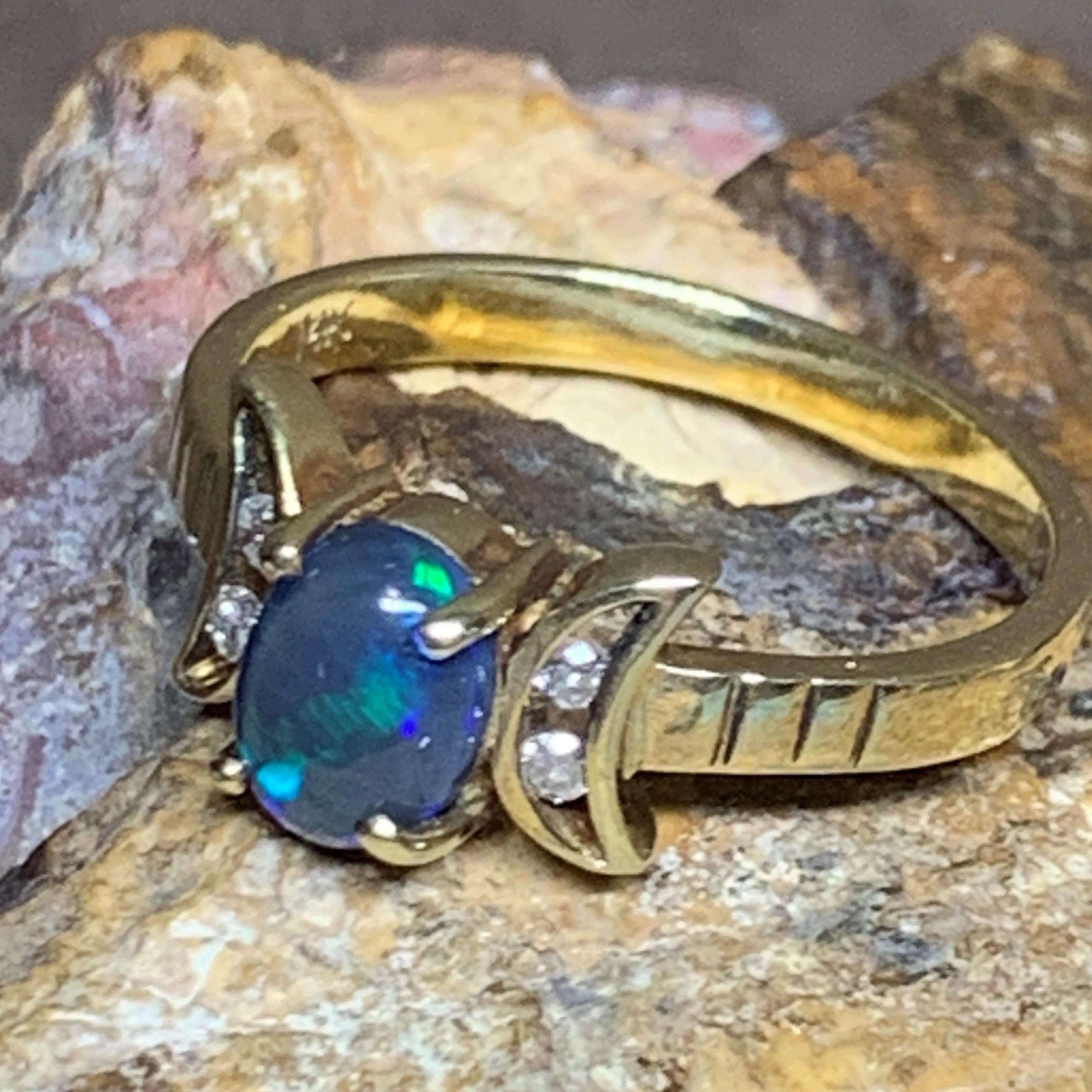 14kt Yellow Gold Black Opal and Diamond ring - Masterpiece Jewellery Opal & Gems Sydney Australia | Online Shop