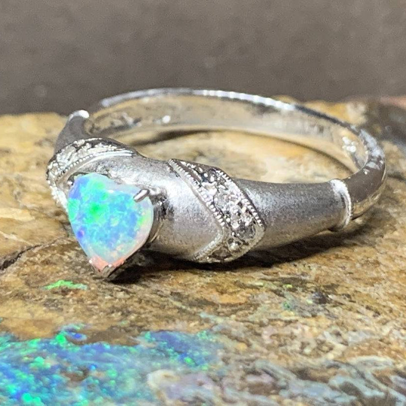 18kt White Gold heart shape Opal and diamond ring - Masterpiece Jewellery Opal & Gems Sydney Australia | Online Shop