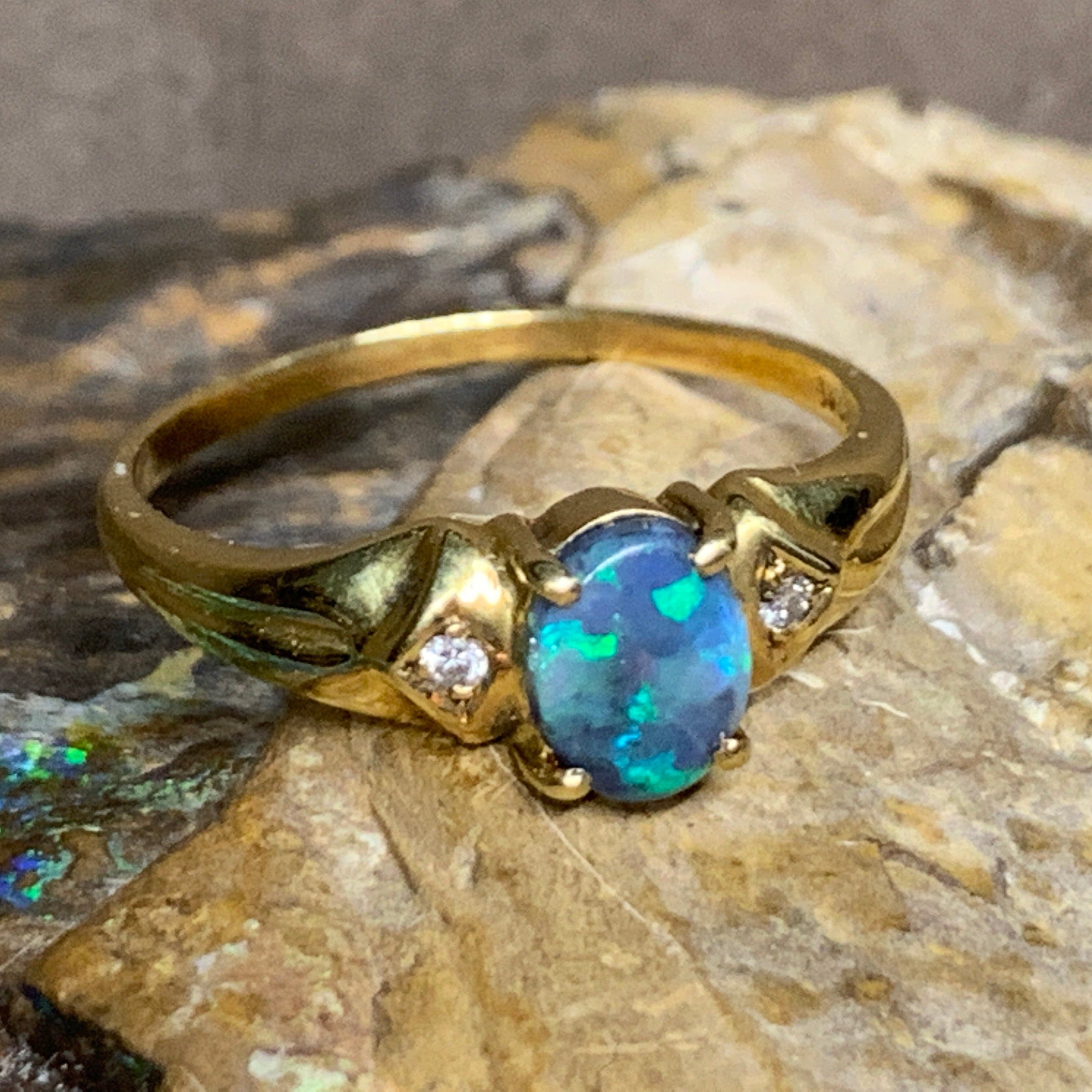 18kt Yellow Gold Black Opal and Diamond ring - Masterpiece Jewellery Opal & Gems Sydney Australia | Online Shop