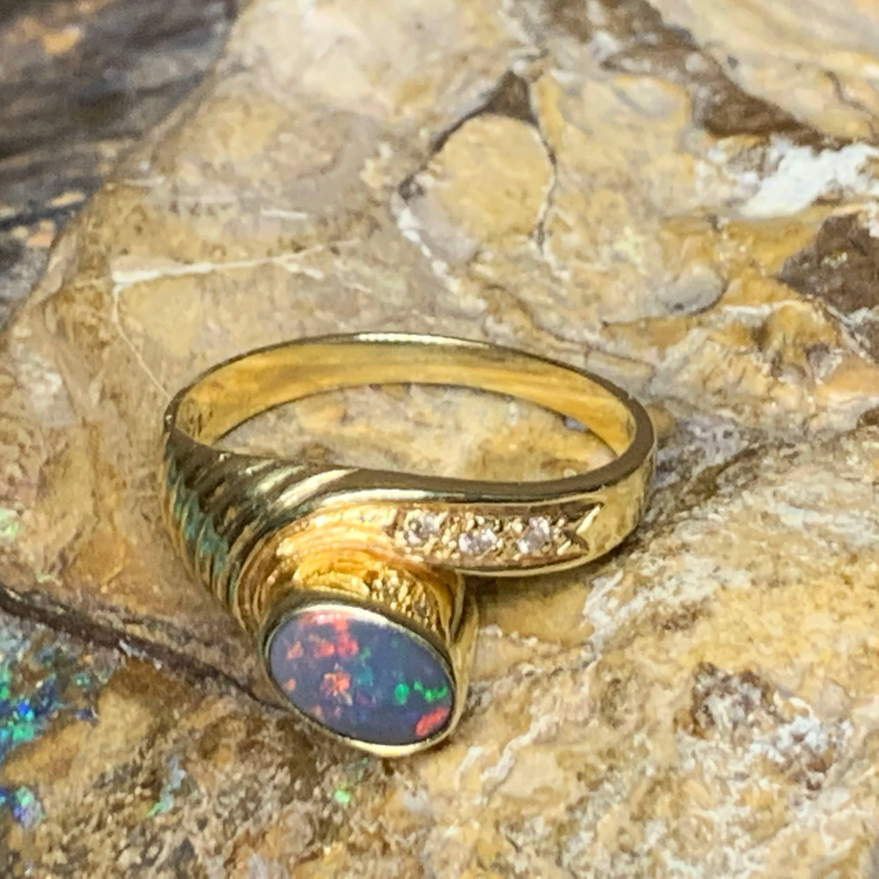 18KT Yellow Gold Black Opal and Diamond ring - Masterpiece Jewellery Opal & Gems Sydney Australia | Online Shop