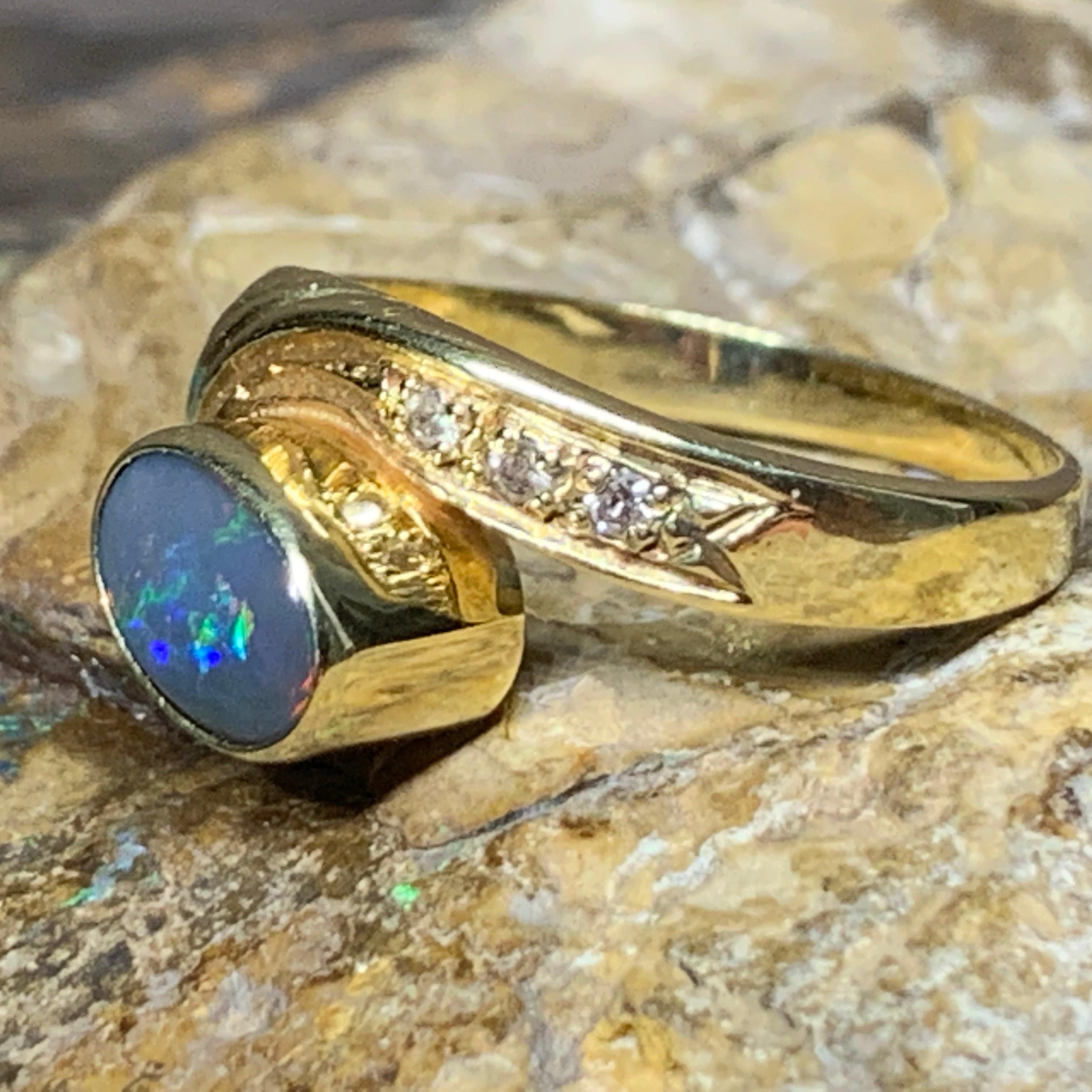 18KT Yellow Gold Black Opal and Diamond ring - Masterpiece Jewellery Opal & Gems Sydney Australia | Online Shop