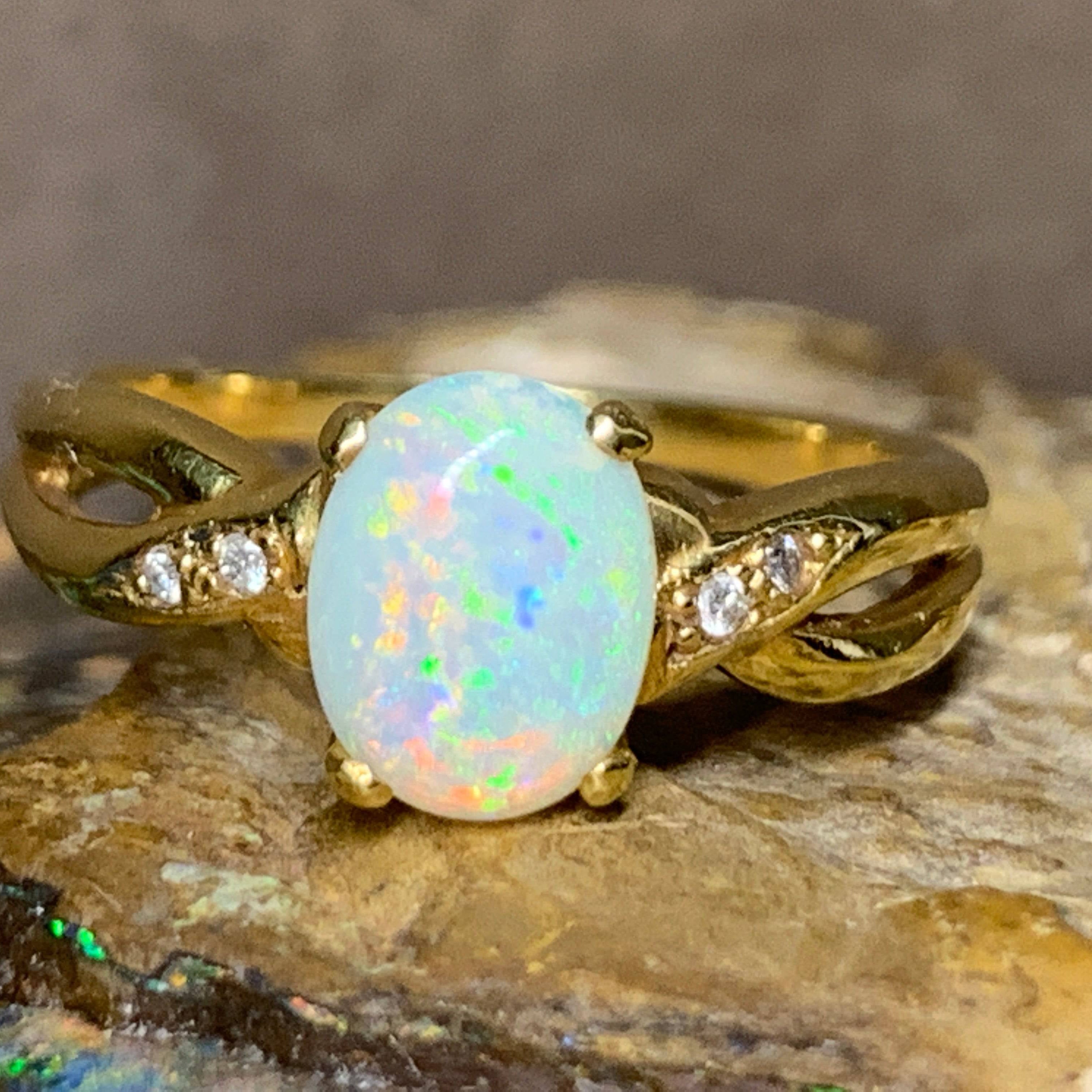 18kt Yellow Gold crossover Opal and Diamond ring - Masterpiece Jewellery Opal & Gems Sydney Australia | Online Shop