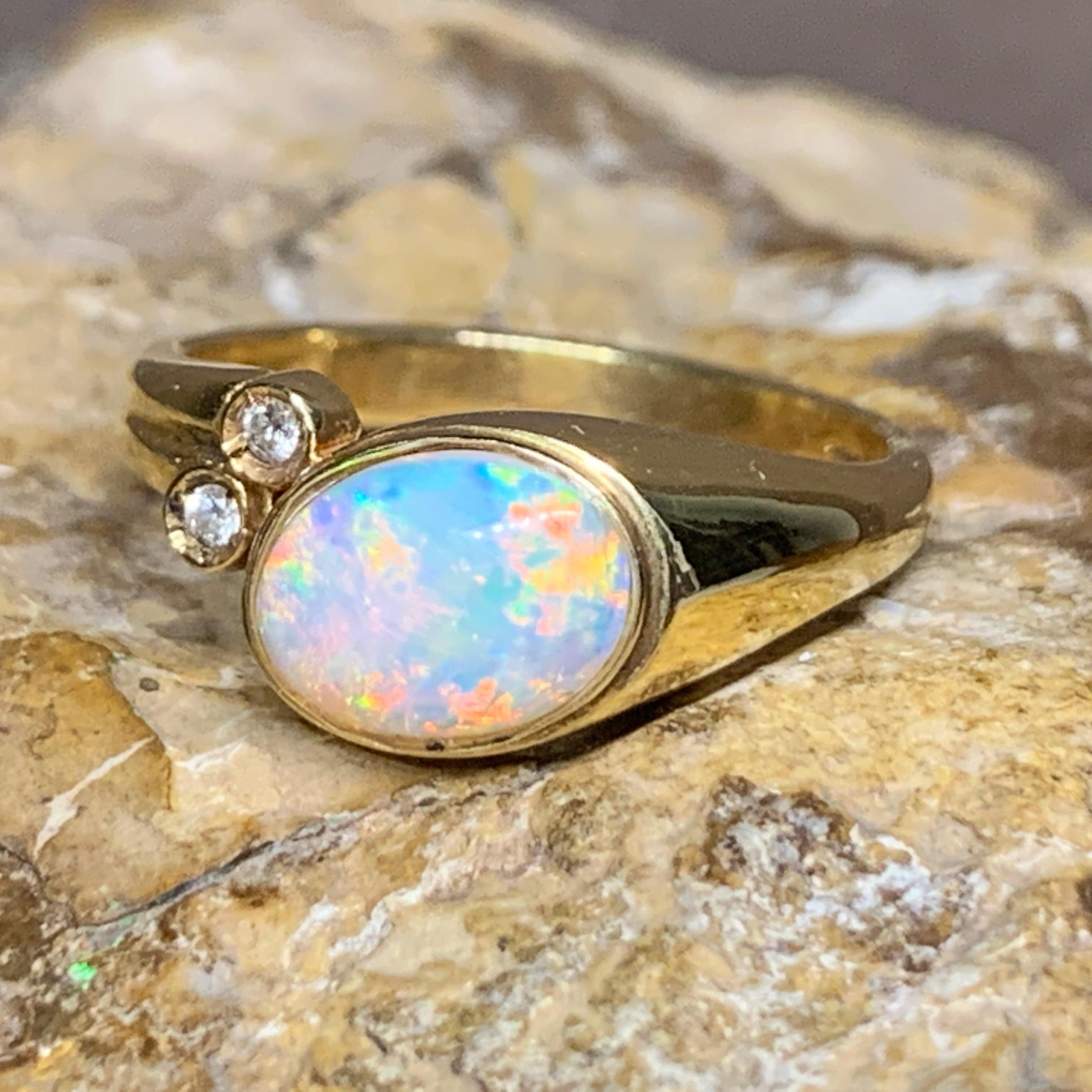 18kt Yellow Gold White Opal and Diamond ring - Masterpiece Jewellery Opal & Gems Sydney Australia | Online Shop