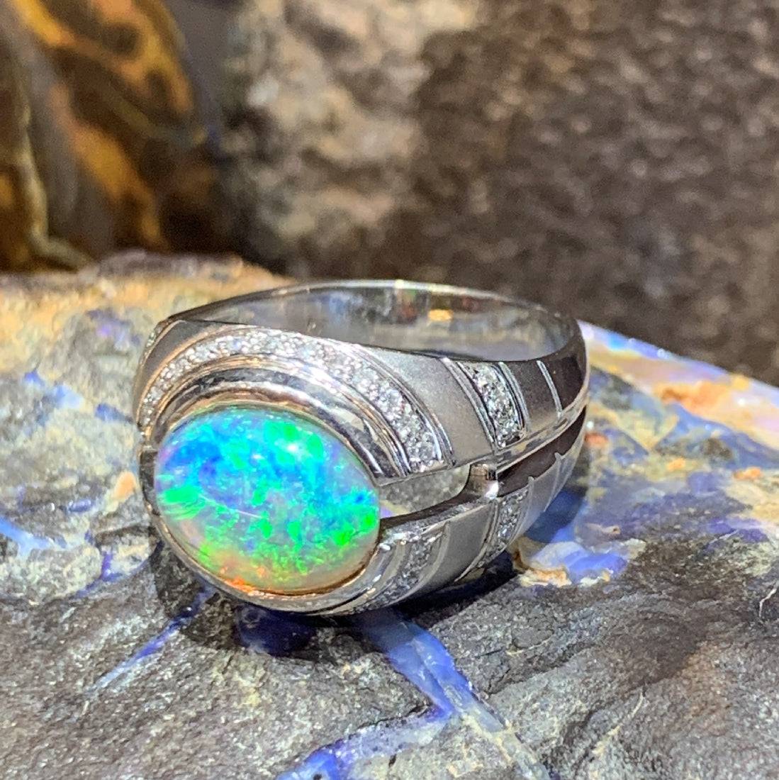 One 18kt White Gold designer ring with Black Crystal Opal and Diamonds - Masterpiece Jewellery Opal & Gems Sydney Australia | Online Shop