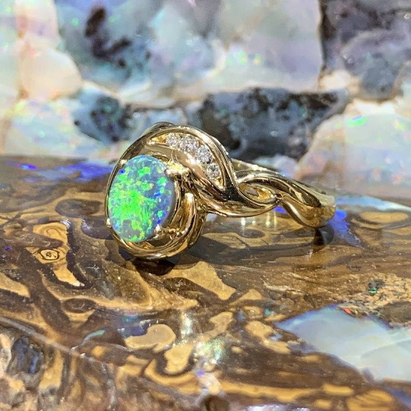 18kt Yellow Gold Black Opal and DIamond ring - Masterpiece Jewellery Opal & Gems Sydney Australia | Online Shop