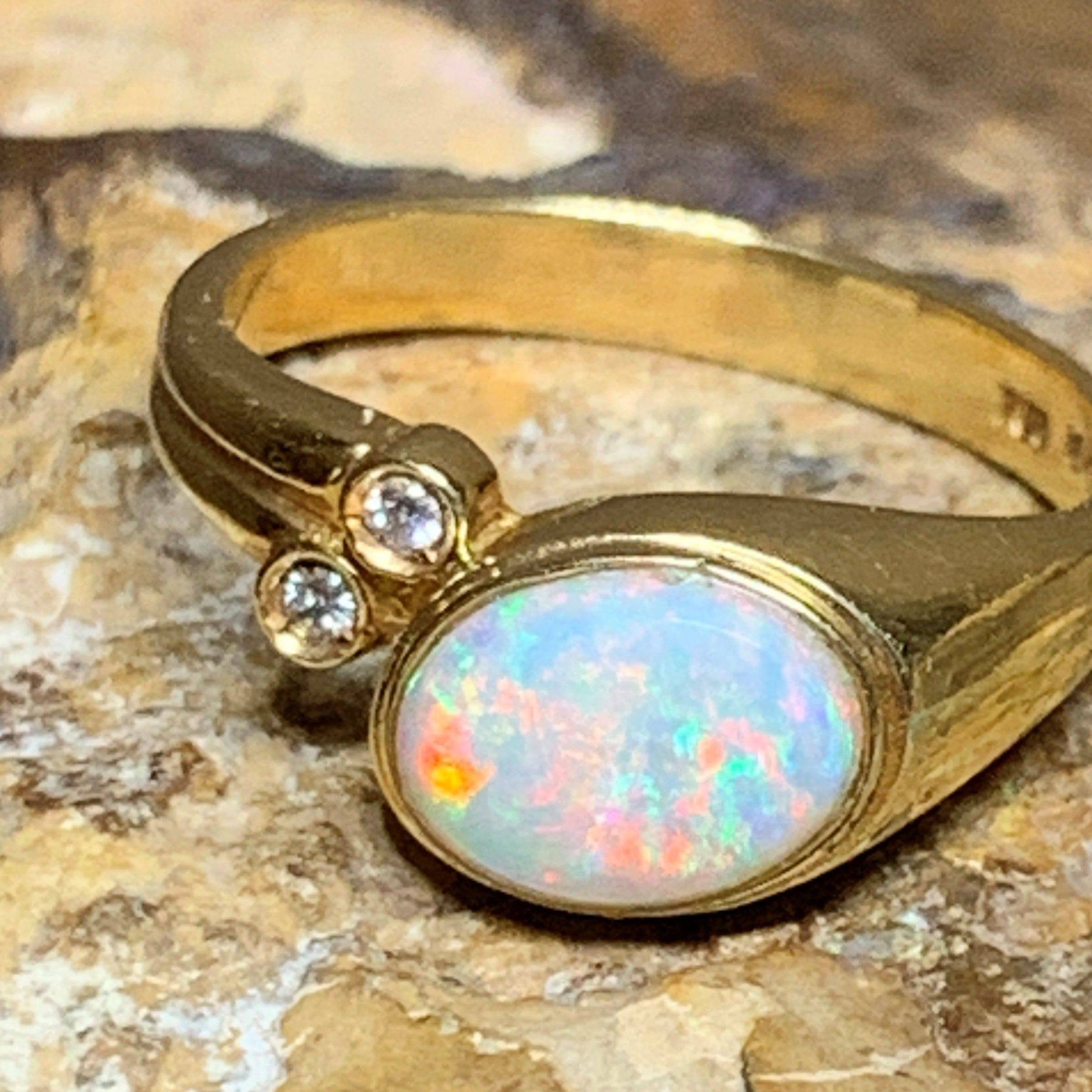 18kt Yellow Gold White Opal and Diamond ring - Masterpiece Jewellery Opal & Gems Sydney Australia | Online Shop