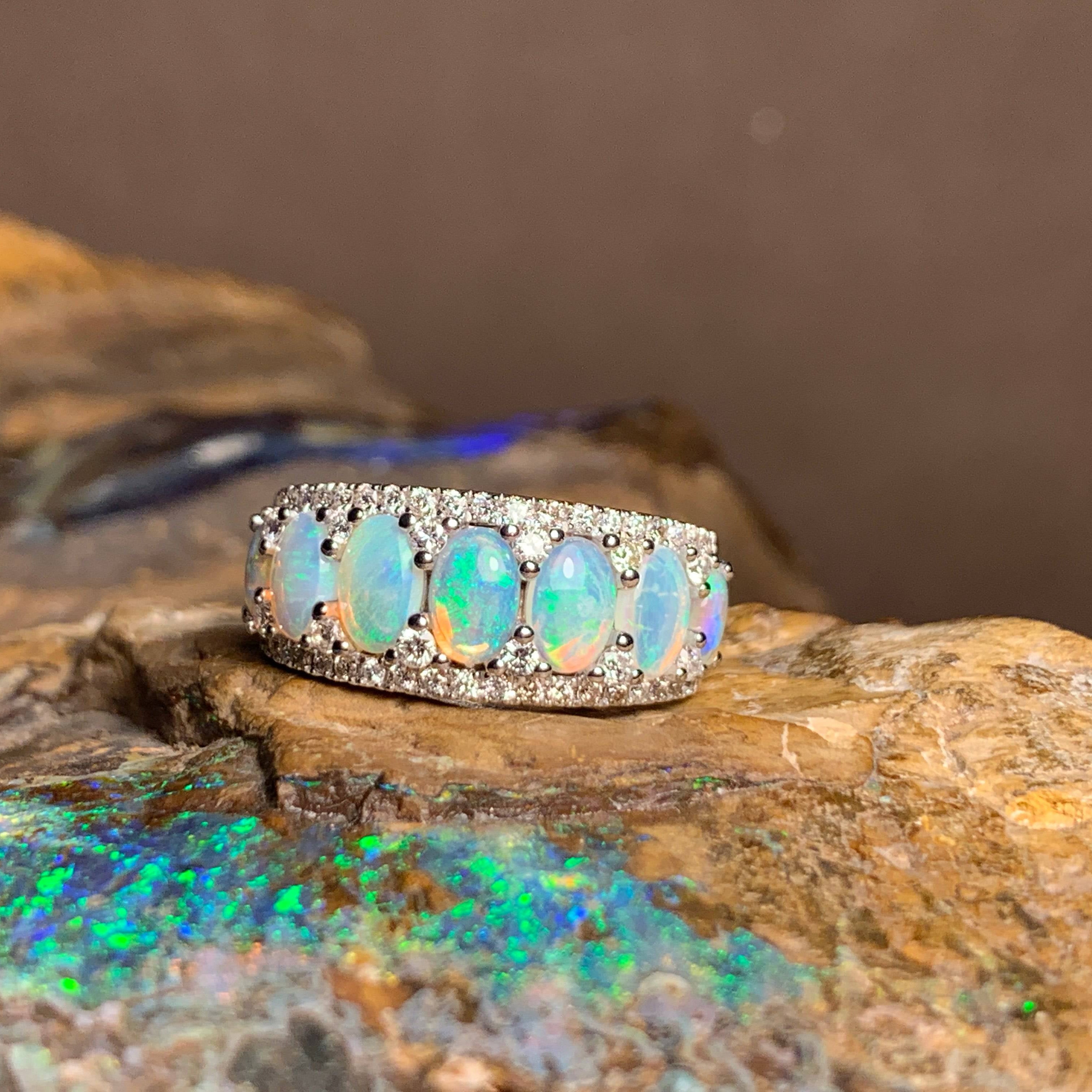 14kt White Gold eternity style Opal and Diamond ring - Masterpiece Jewellery Opal & Gems Sydney Australia | Online Shop
