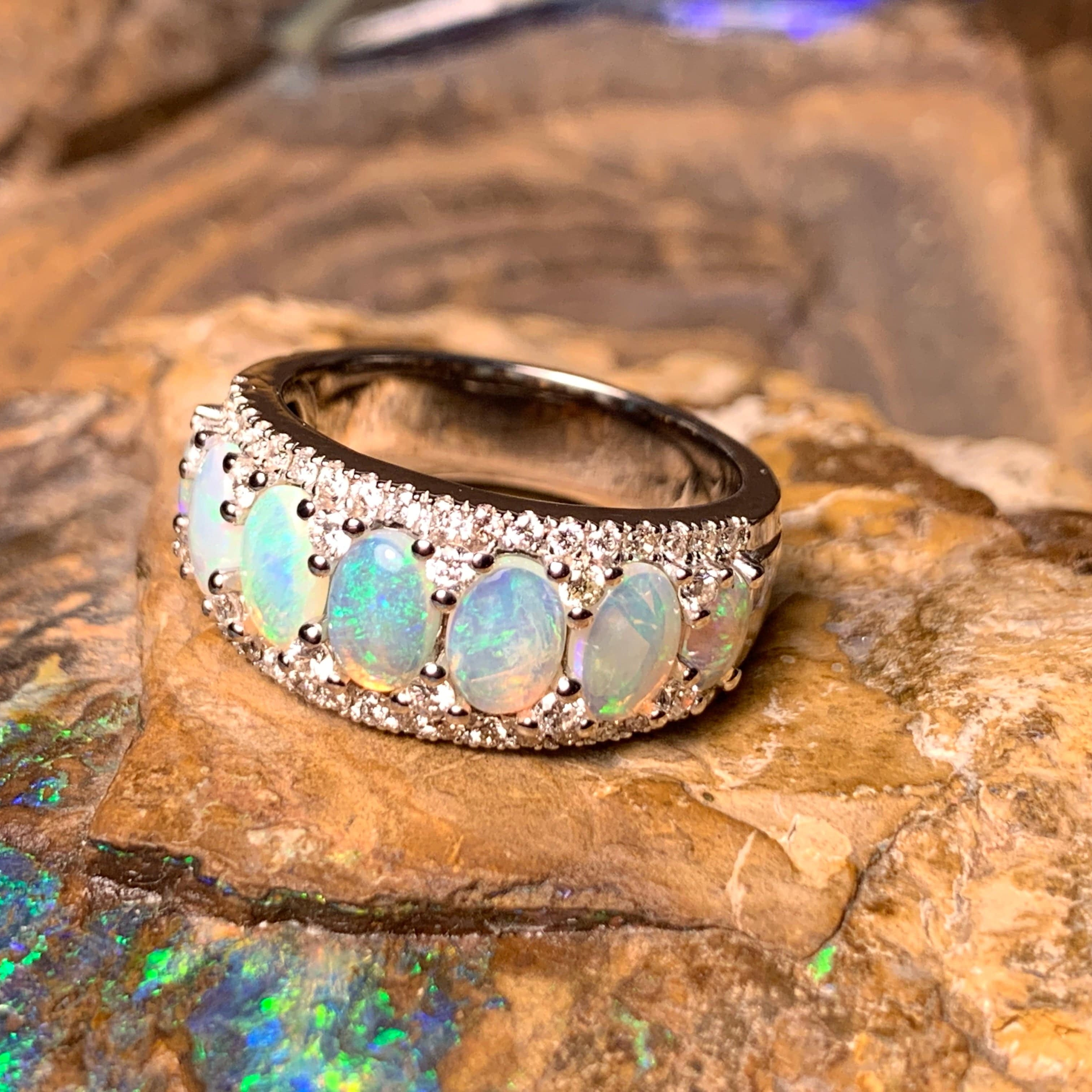 14kt White Gold eternity style Opal and Diamond ring - Masterpiece Jewellery Opal & Gems Sydney Australia | Online Shop