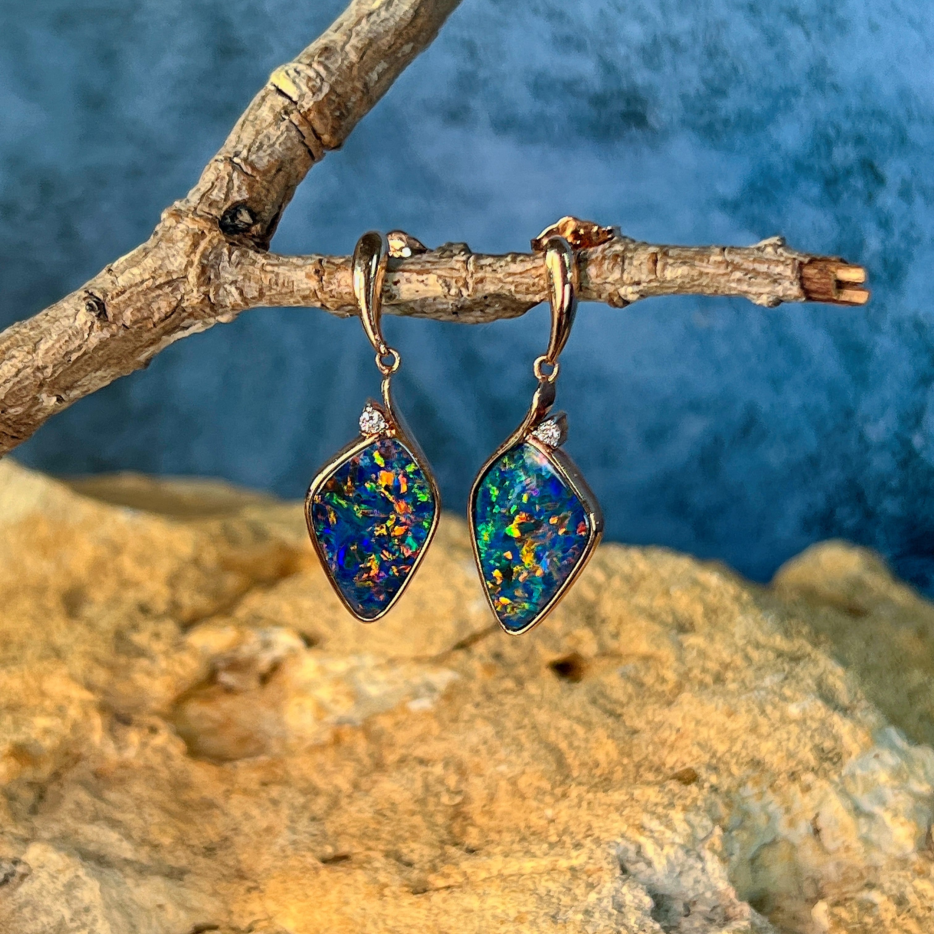 14kt rose gold kite-shaped opal doublet drops showing red, green and blue flash