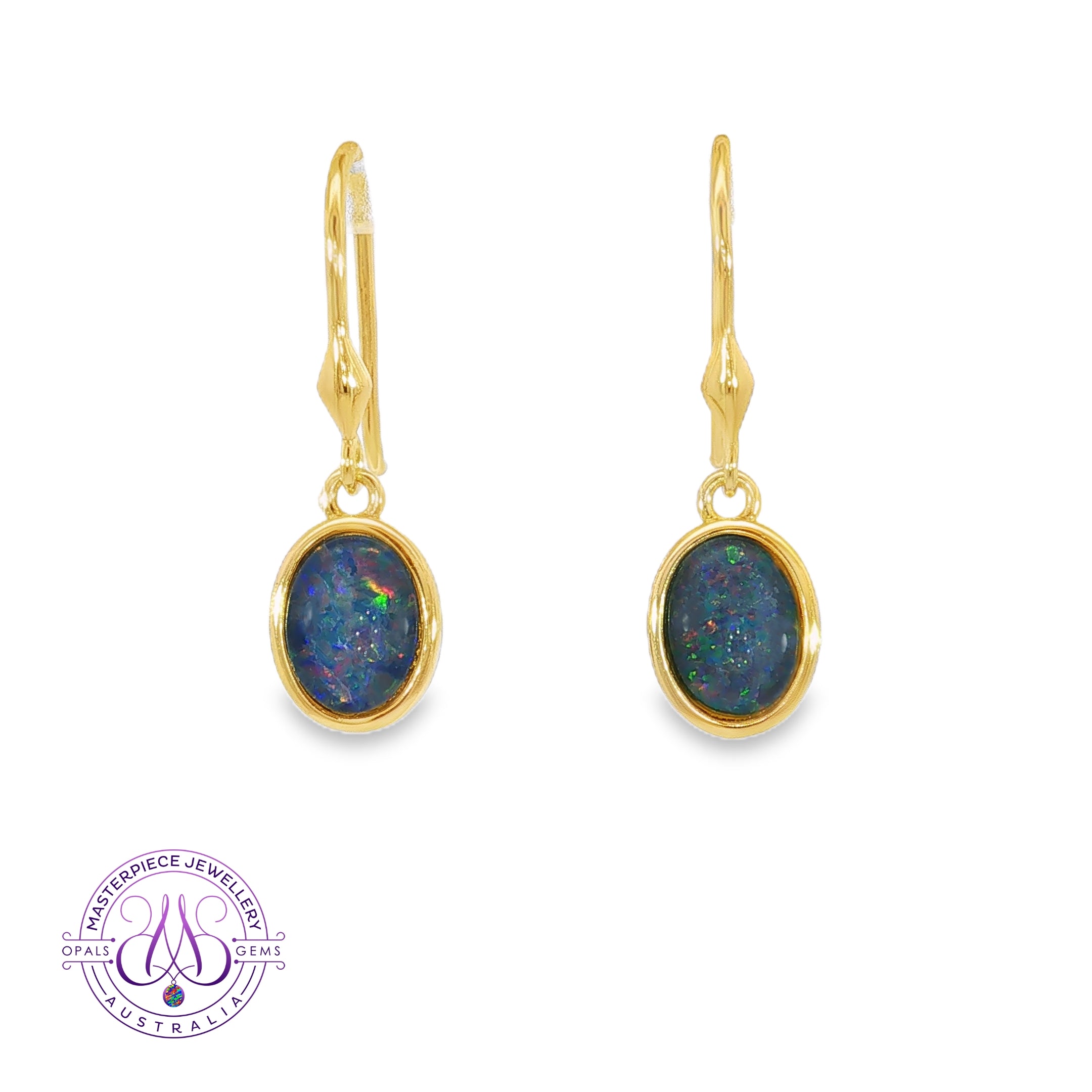 Pair of yellow gold plated sterling silver dangling hook earrings, each with a bezel set 8x6mm oval Australian opal triplet