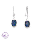 Pair of sterling silver dangling hook earrings, each with a bezel set 8x6mm oval Australian opal triplet