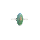 18kt white gold Australian black opal ring, 1.4ct oval solid black opal with two diamonds