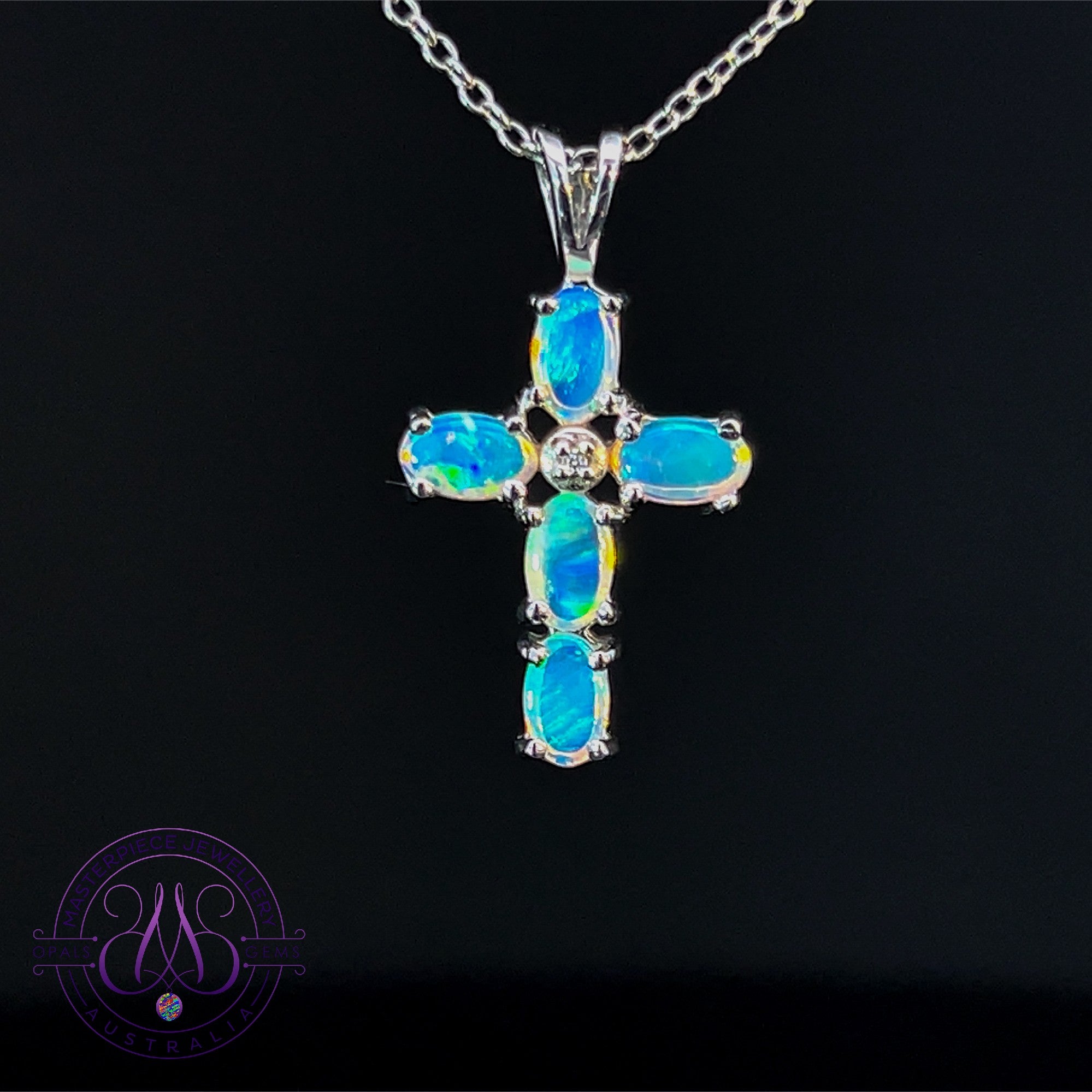 STERLING SILVER CROSS CRYSTAL OPAL 5X3MM PENDANT