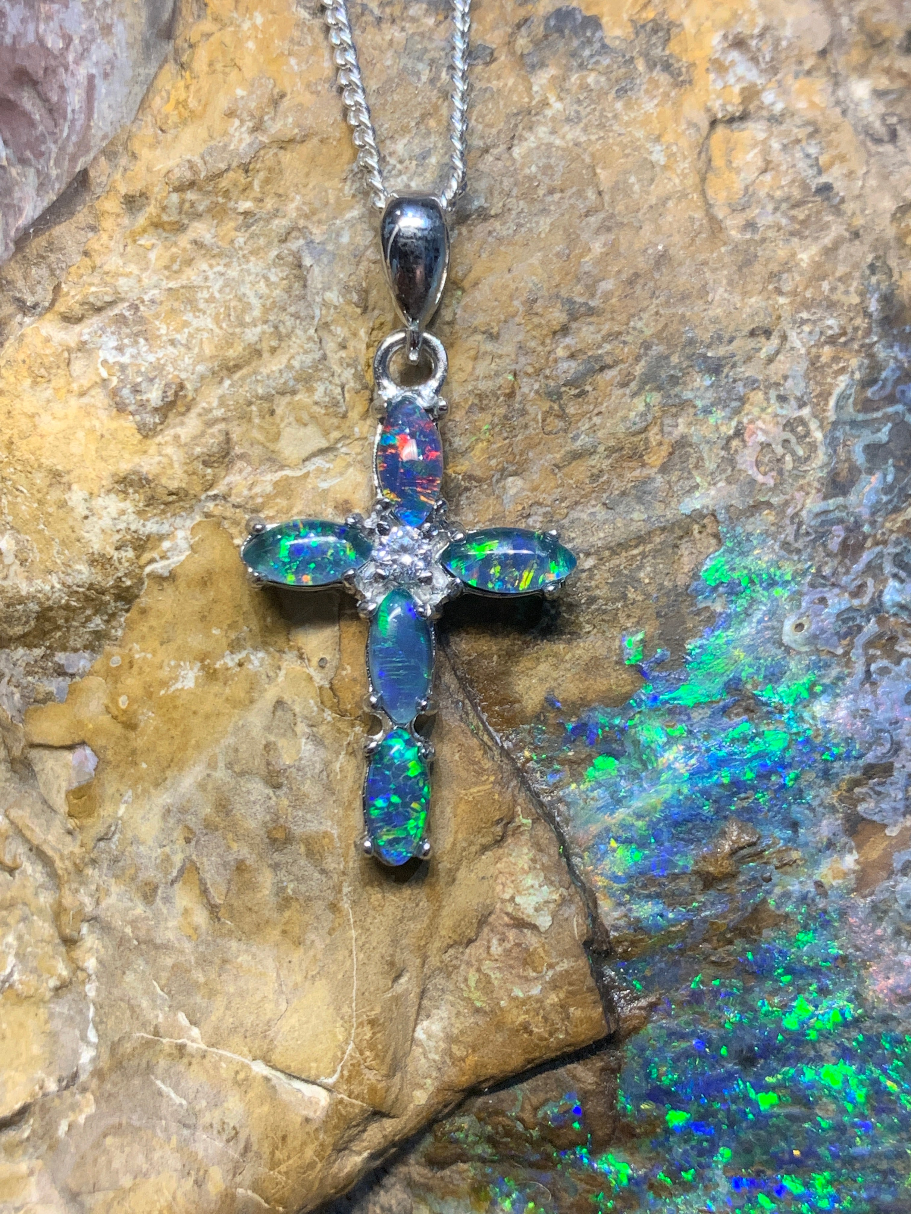 Sterling Silver Cross Opal pendant - Masterpiece Jewellery Opal & Gems Sydney Australia | Online Shop