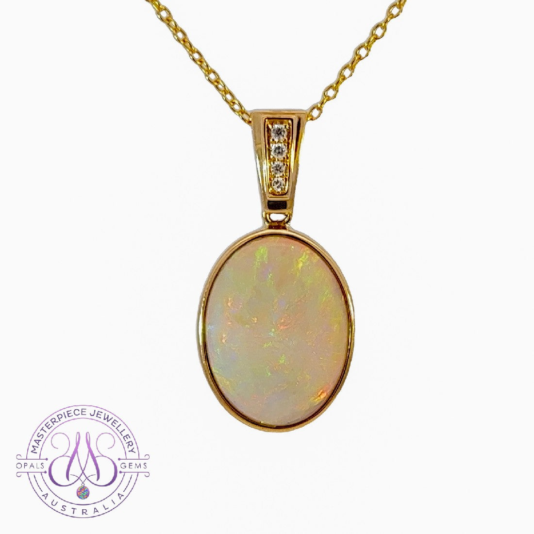 14kt Yellow Gold bezel set Oval Light Opal and diamond pendant - Masterpiece Jewellery Opal & Gems Sydney Australia | Online Shop