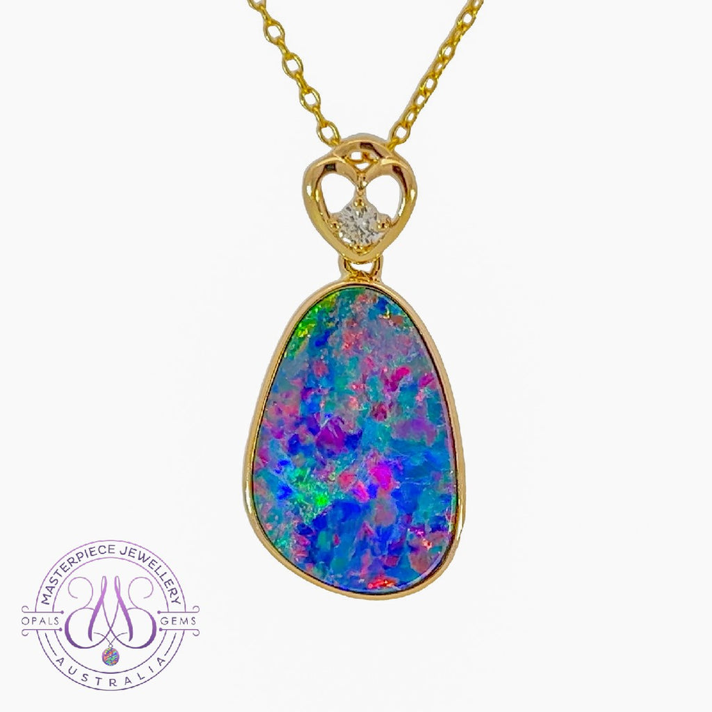 14kt Yellow Gold Fire colour Opal doublet and diamond pendant - Masterpiece Jewellery Opal & Gems Sydney Australia | Online Shop