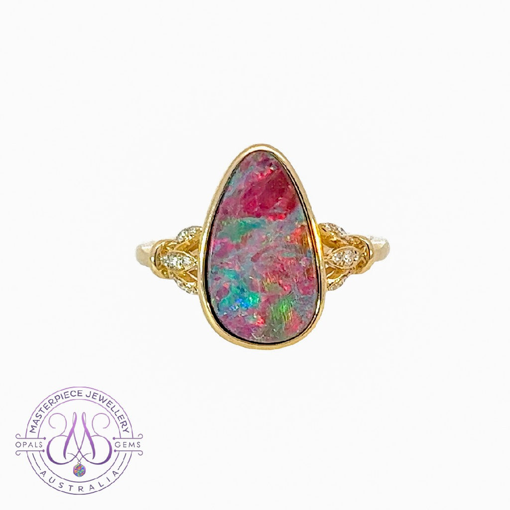 14kt Yellow Gold Opal doublet red colour with diamonds ring - Masterpiece Jewellery Opal & Gems Sydney Australia | Online Shop