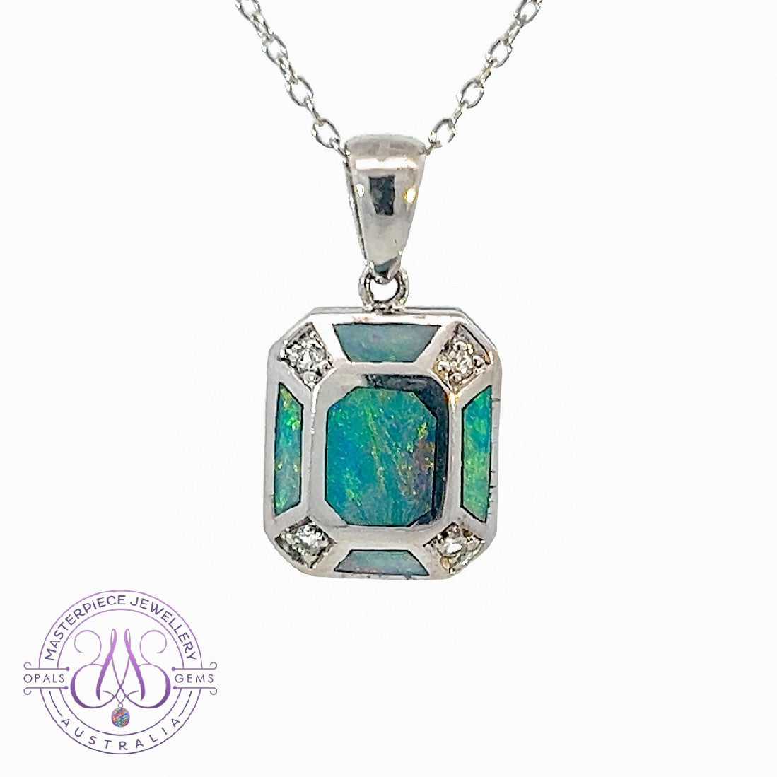 Sterling Silver Opal inlay rectanular shape necklace - Masterpiece Jewellery Opal & Gems Sydney Australia | Online Shop