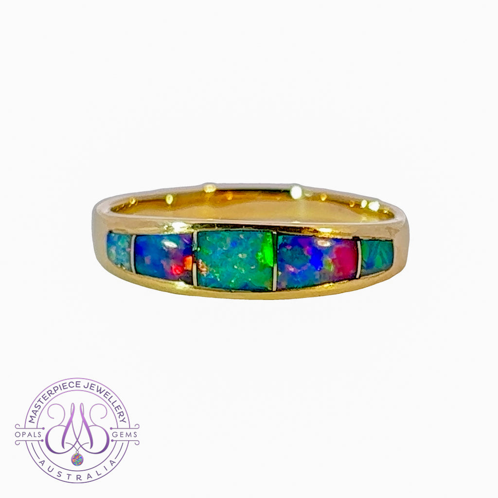 14kt Yellow Gold Fire Opal red blue inlay ring - Masterpiece Jewellery Opal & Gems Sydney Australia | Online Shop