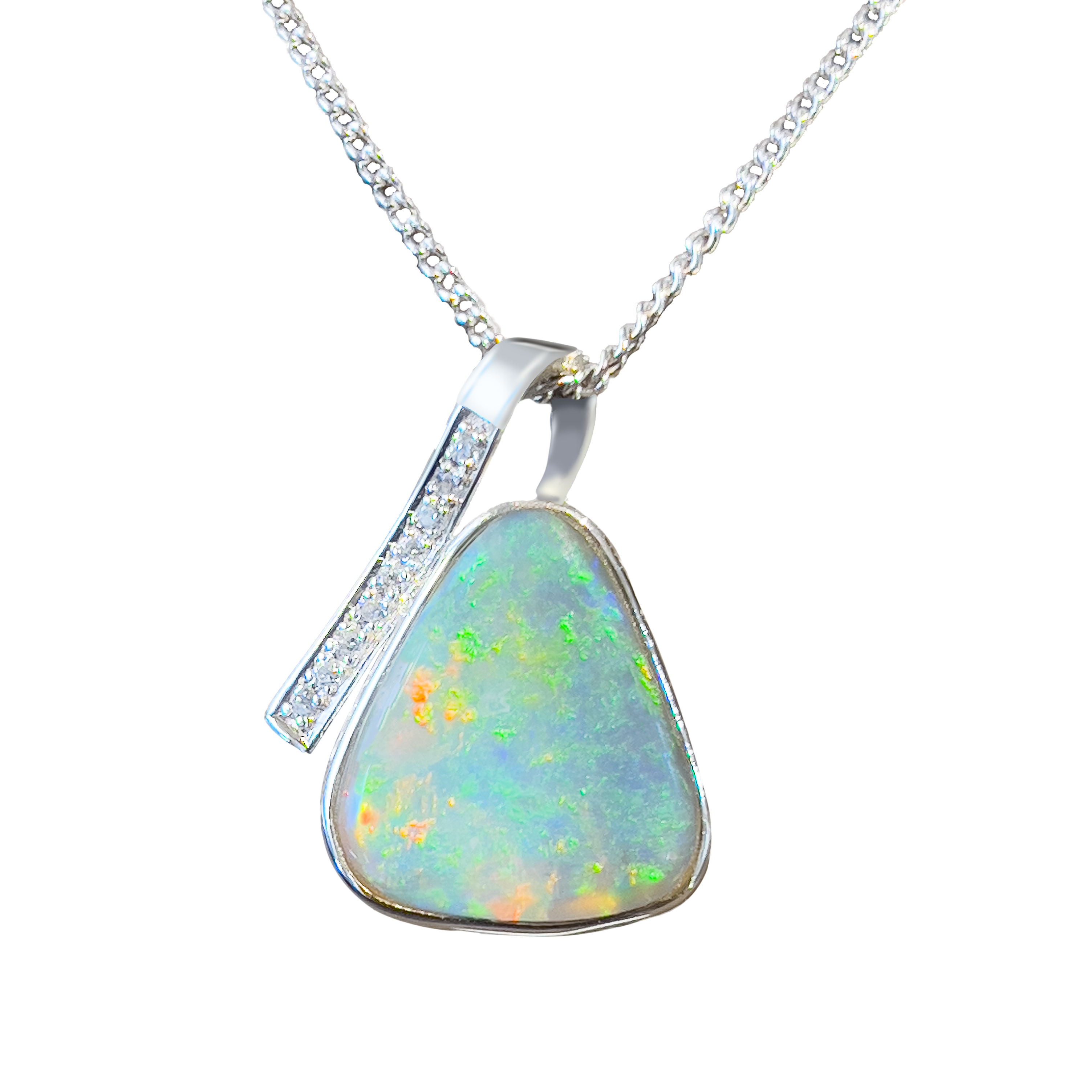 Sterling Silver Crystal Opal pendant with cubic zirconias triangular shape - Masterpiece Jewellery Opal & Gems Sydney Australia | Online Shop