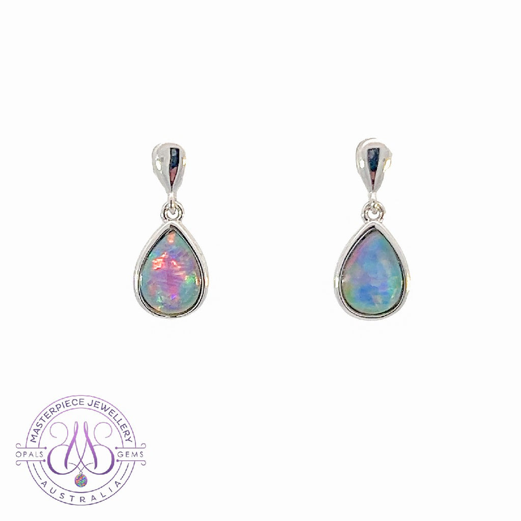 Sterling Silver dangling pear shape 8x5mm earrings Opal triplet - Masterpiece Jewellery Opal & Gems Sydney Australia | Online Shop