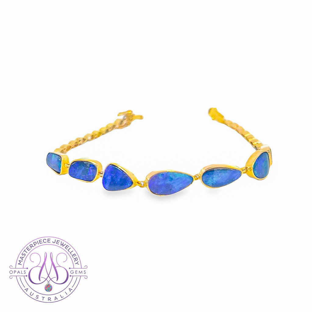 14kt Yellow Gold Boulder Opal freeform Blue Green bracelet - Masterpiece Jewellery Opal & Gems Sydney Australia | Online Shop