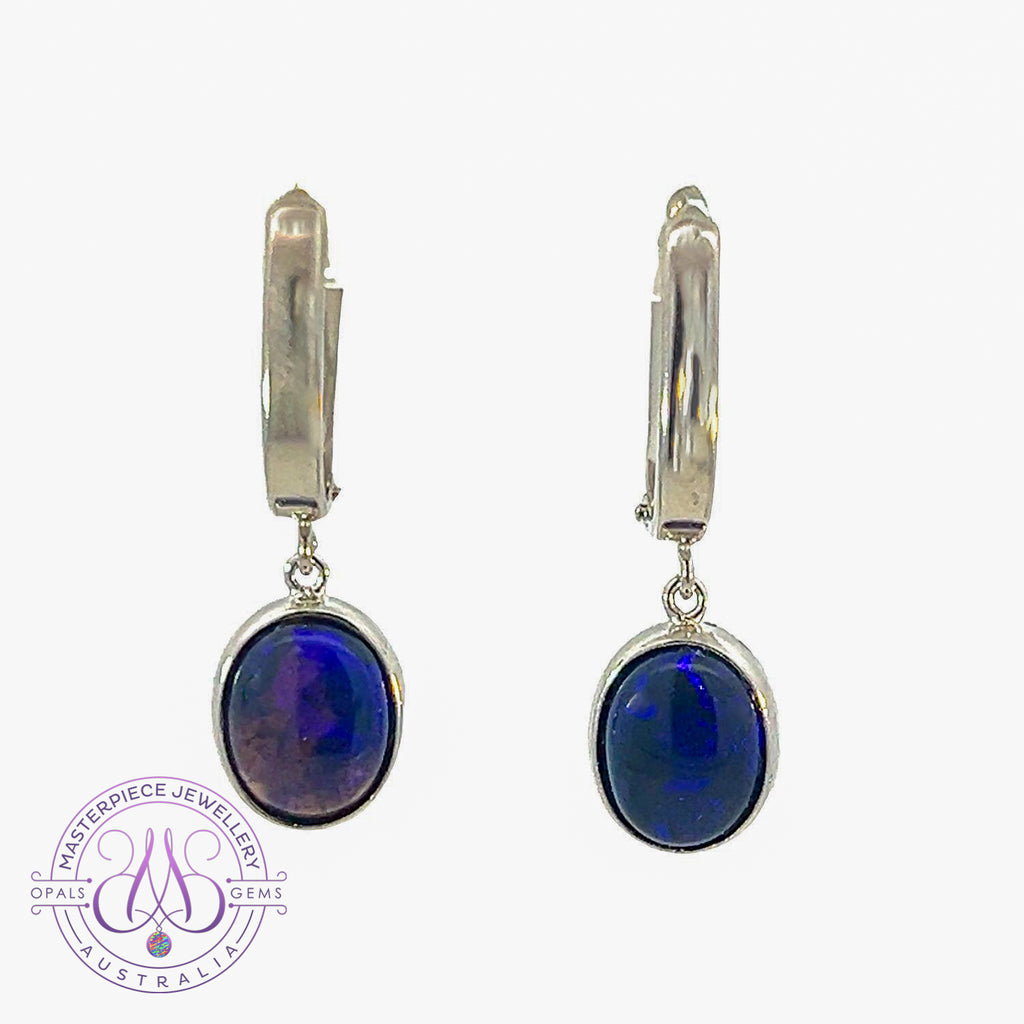 One pair of 14kt White Gold black opal huggie earrings dangling - Masterpiece Jewellery Opal & Gems Sydney Australia | Online Shop
