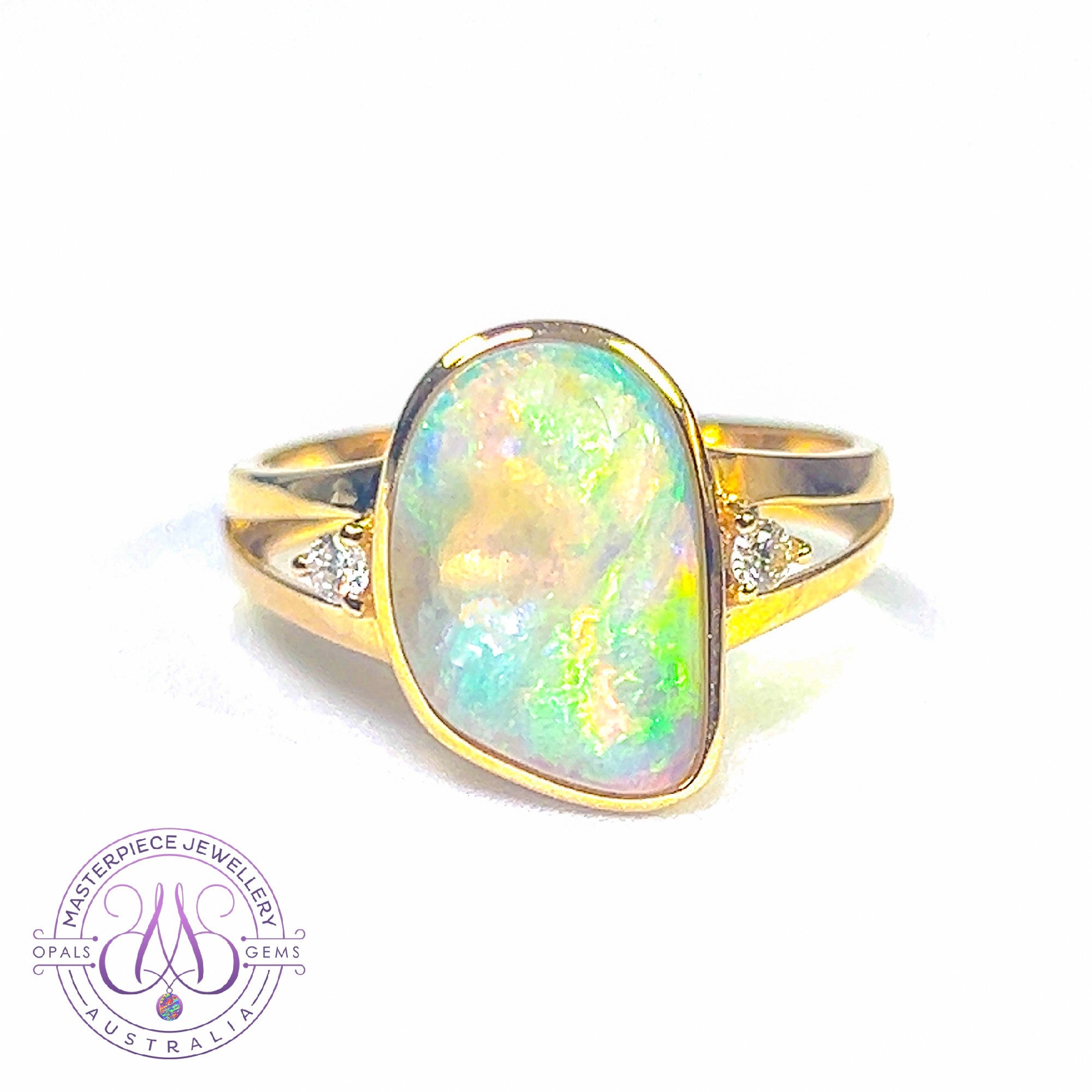 14kt Yellow gold freeform 1.53ct Crystal Opal and diamond ring