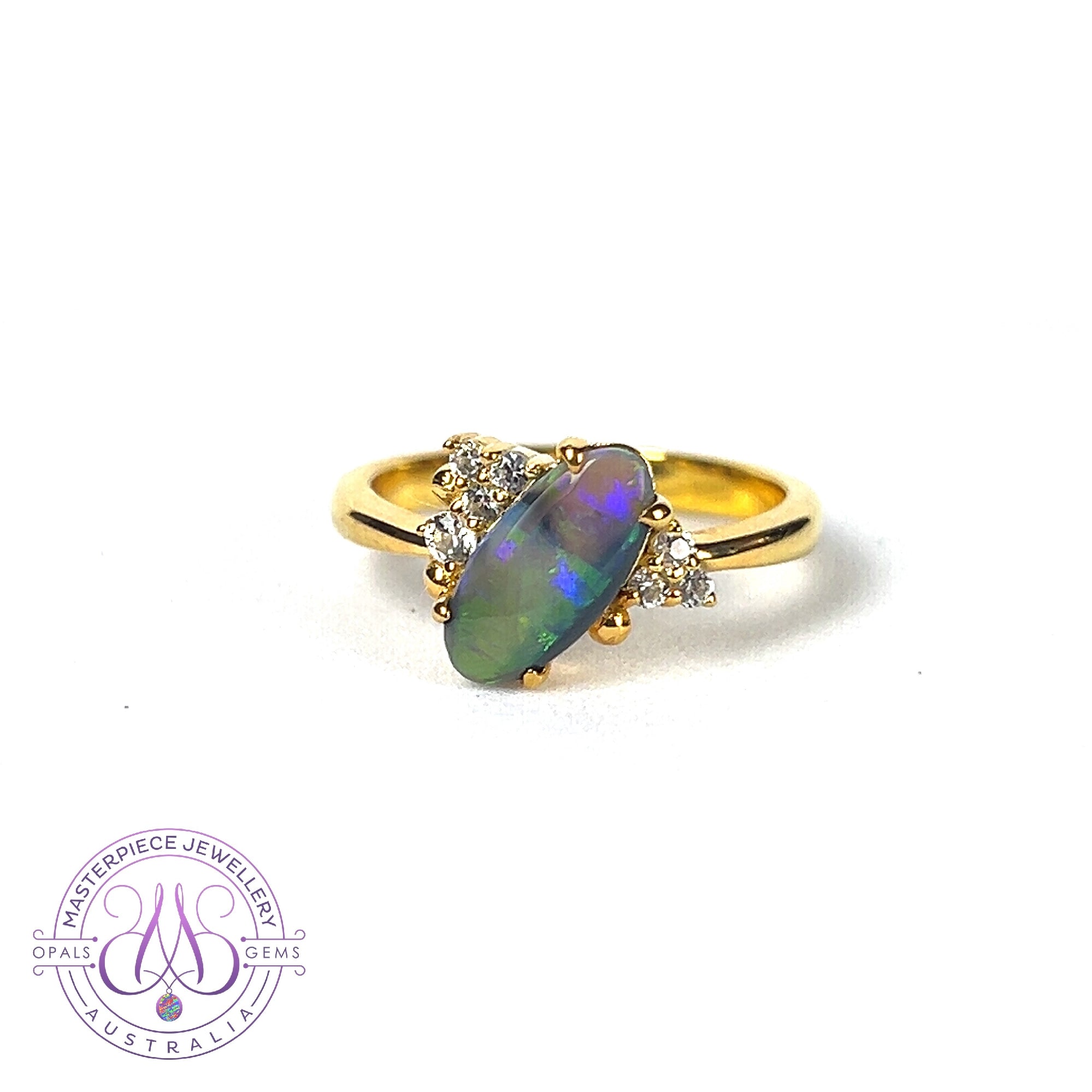 Gold Plated sterling silver slanted Black Opal 0.71ct and cubic zirconia ring