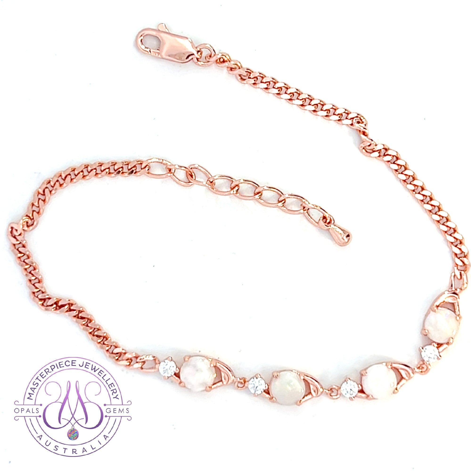 Rose Gold Plated Sterling Silver White opal 5mm and cz bracelet