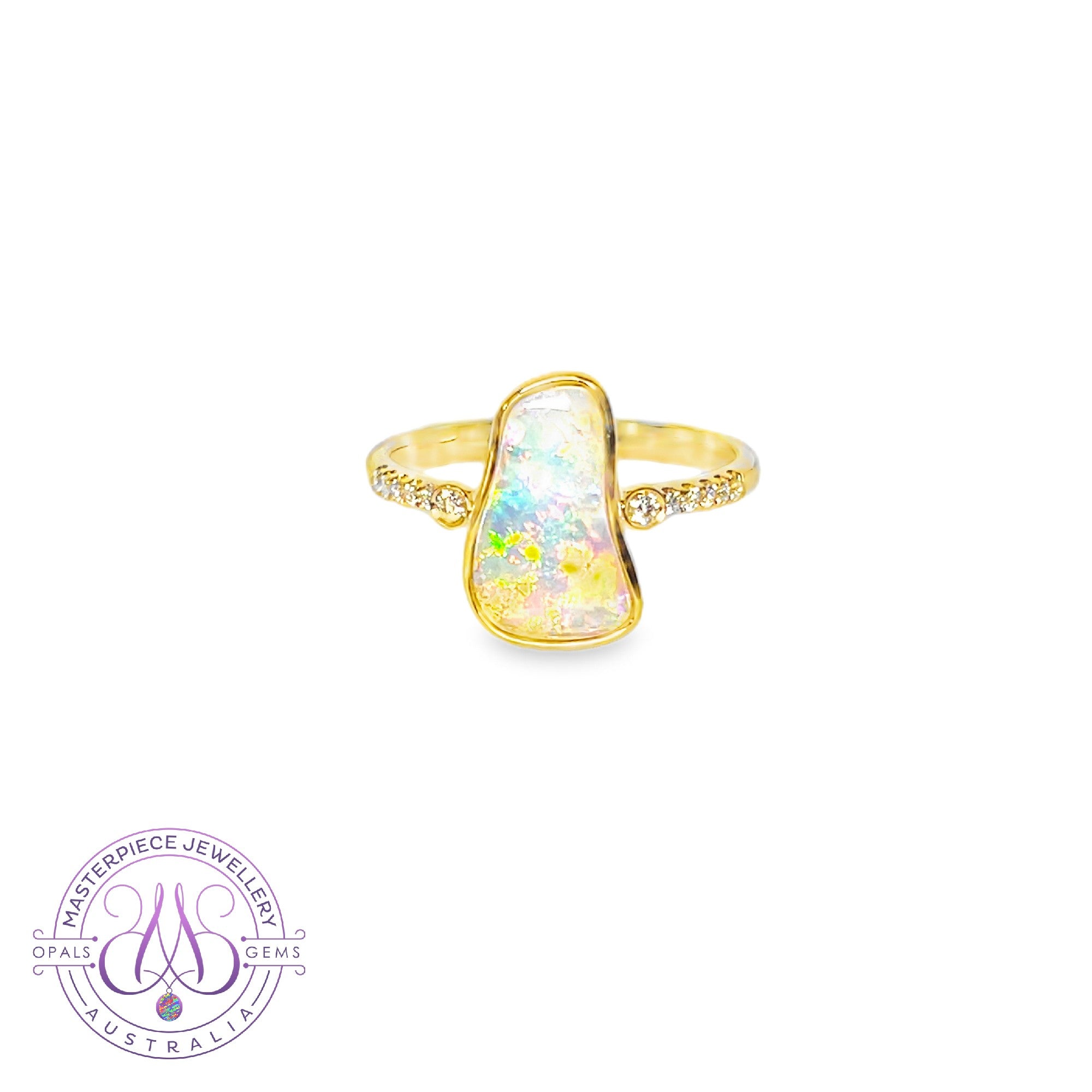 18kt Yellow Gold freeform Crystal Opal 1.05ct and diamond ring