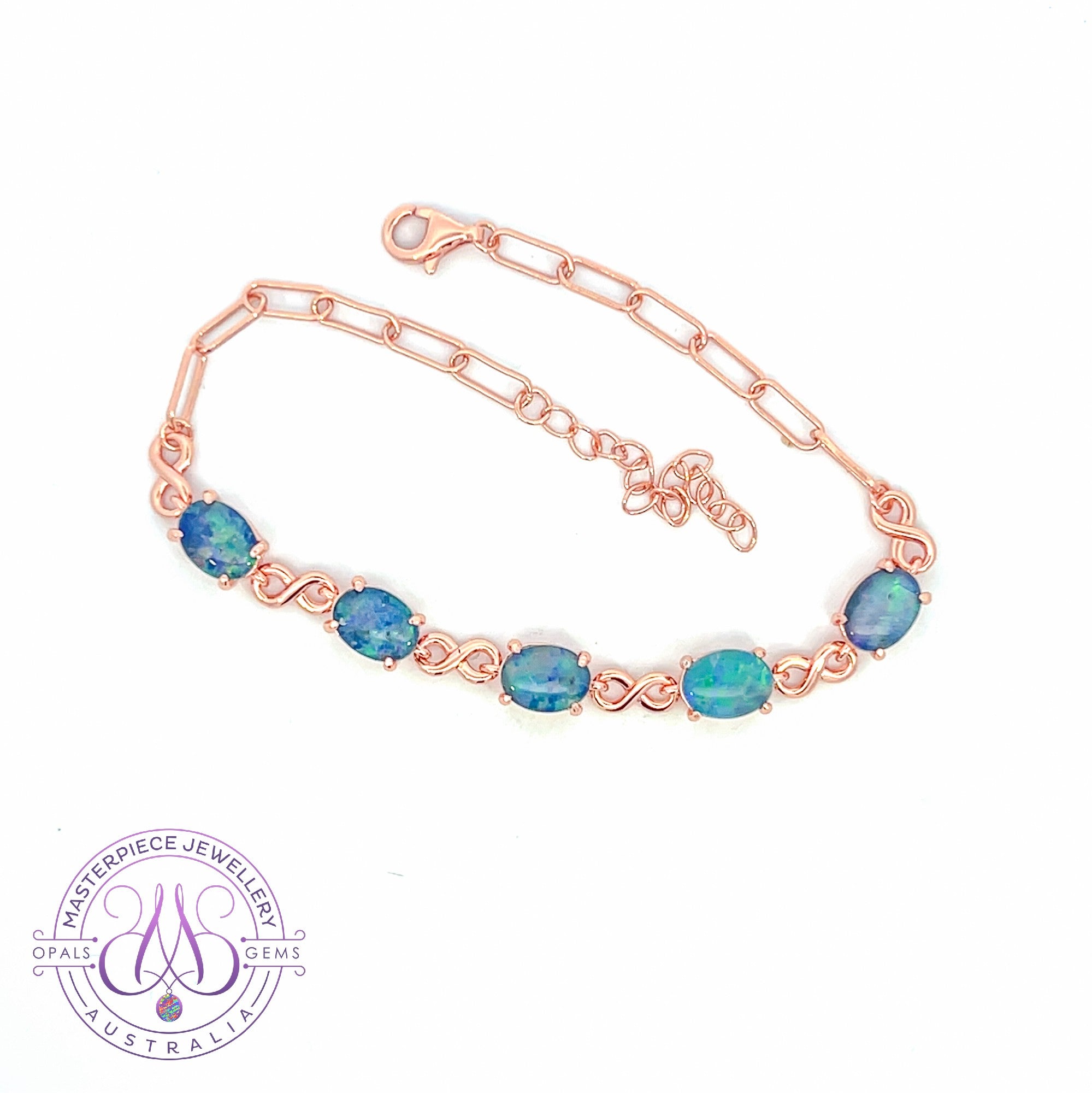 Rose Gold plate silver infinity bracelet with 8x6mm Opal triplets