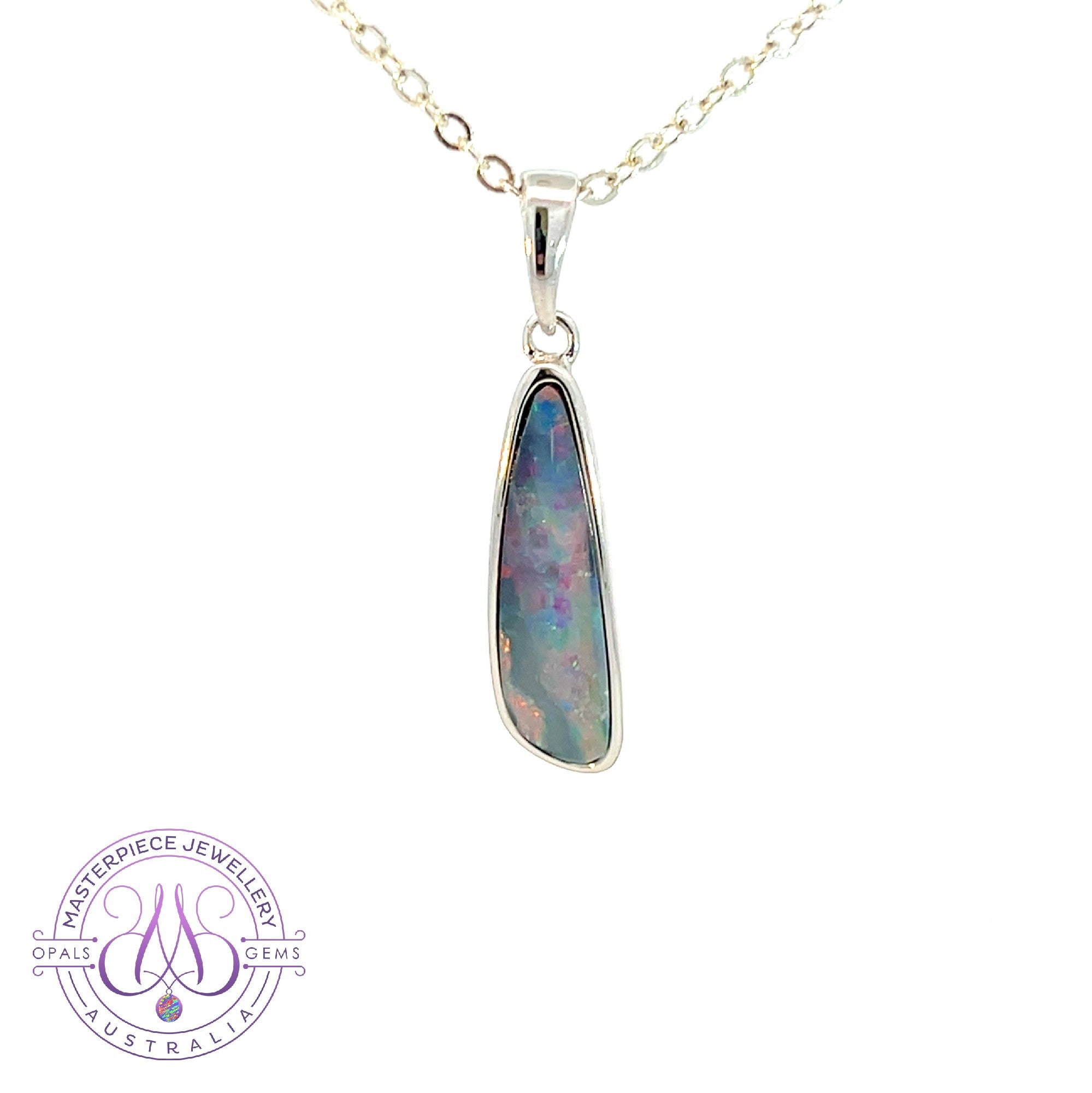 Sterling Silver long curved Red Purple Opal doublet pendant