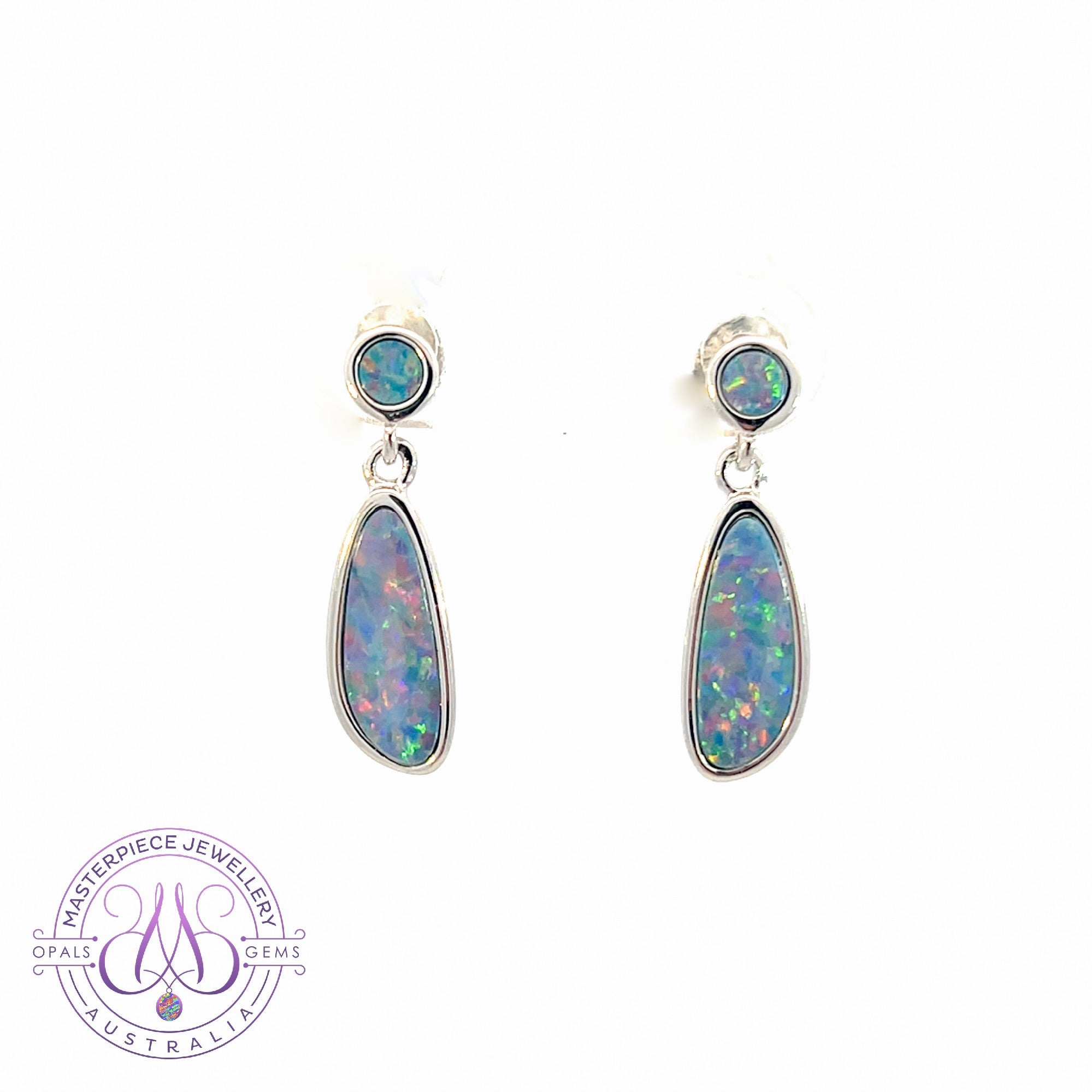 Sterling Silver freeform drop earrings Blue Red colour Opal doublets dangling