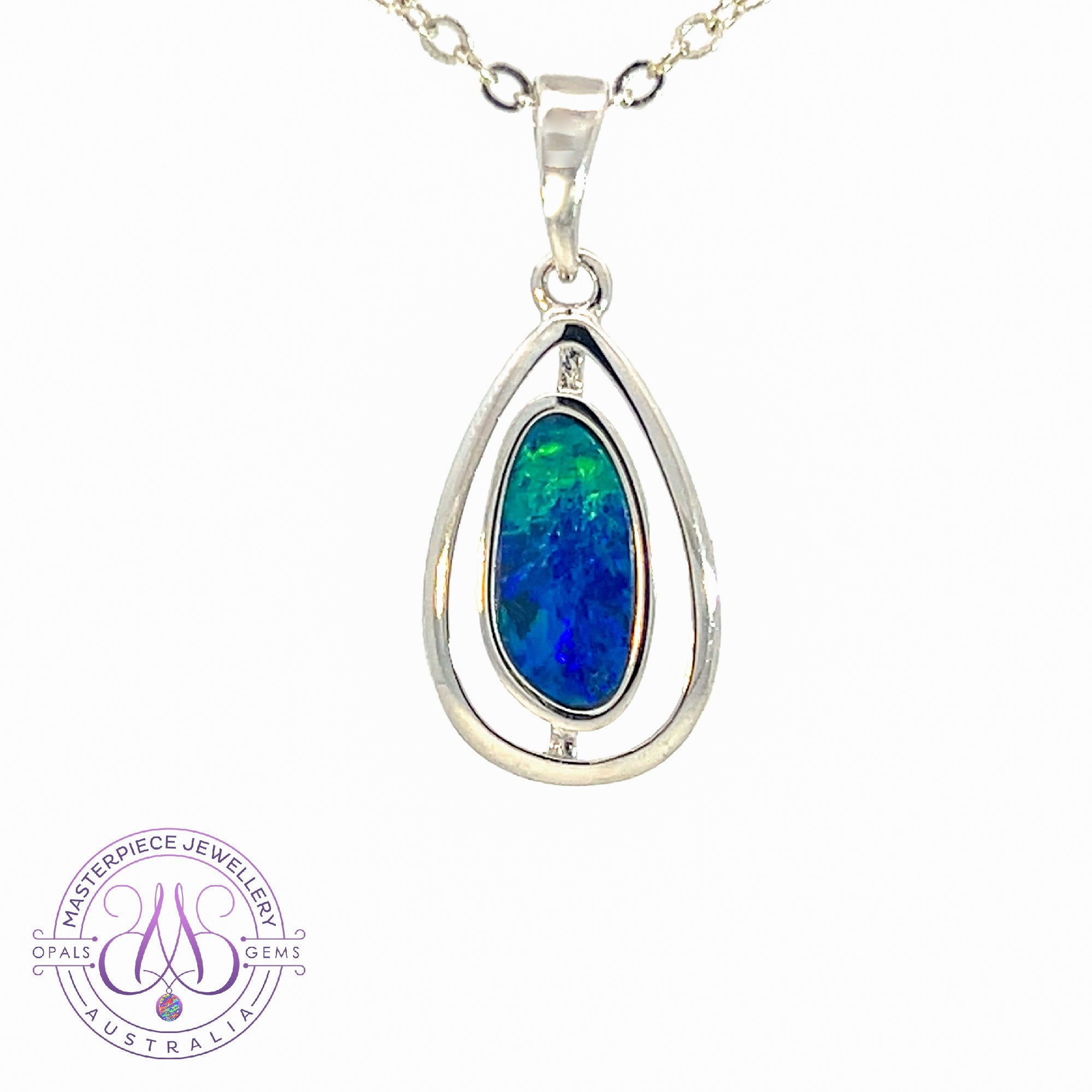 Sterling Silver Pear shape cut out design Opal doublet Blue Green pendant