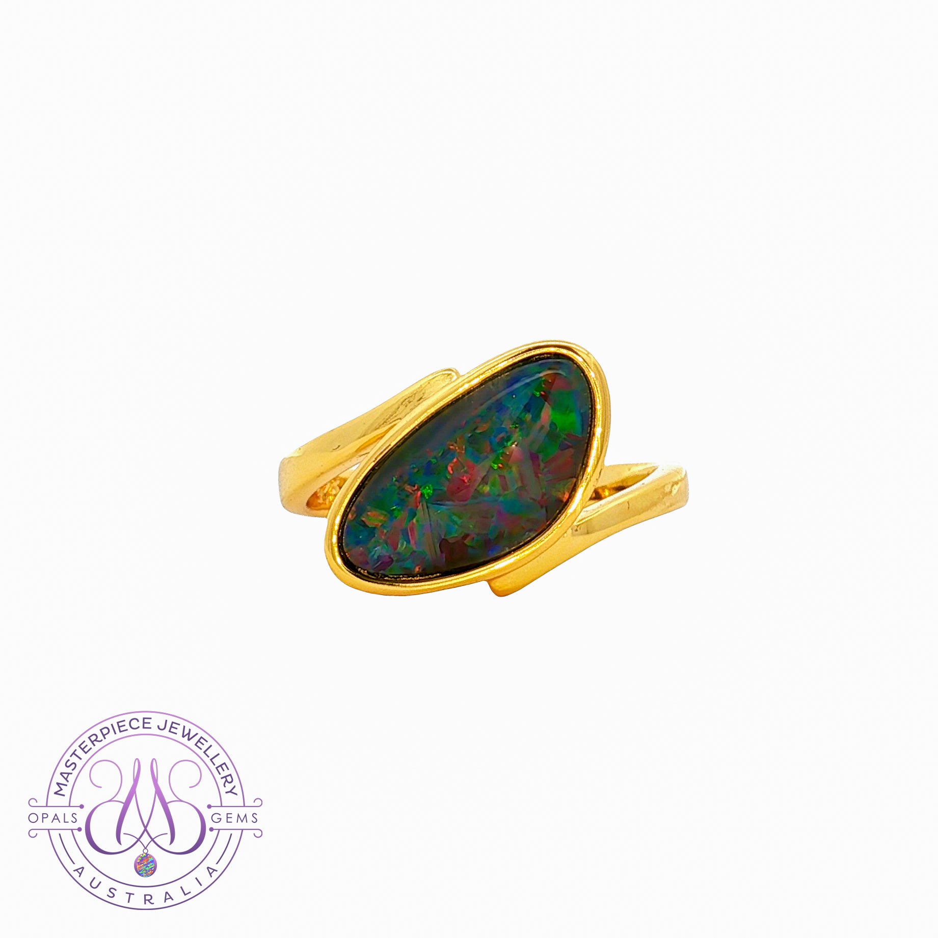 Gold Plated Silver slanted freeform Opal triplet ring