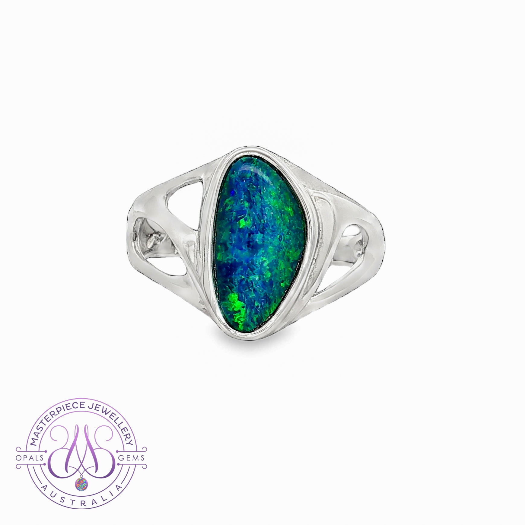 Sterling Silver Green Blue Opal triplet freeform open cut ring 
