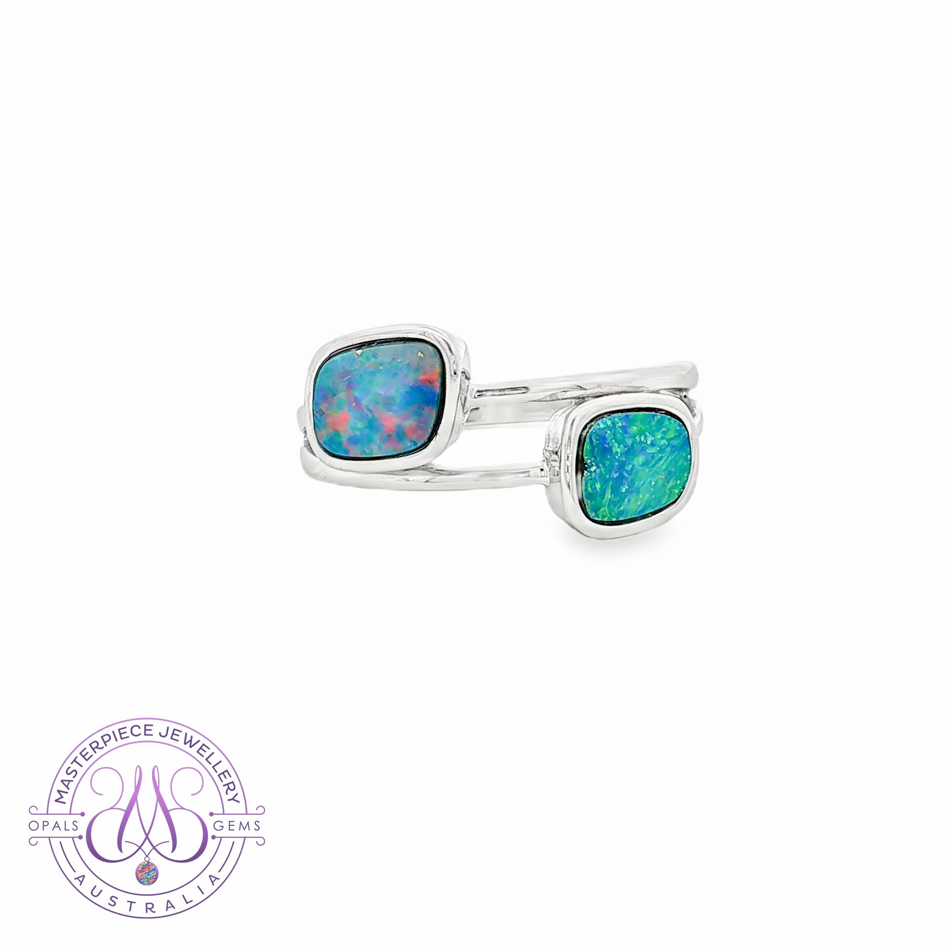 Sterling Silver two Opal Red and Green split ring
