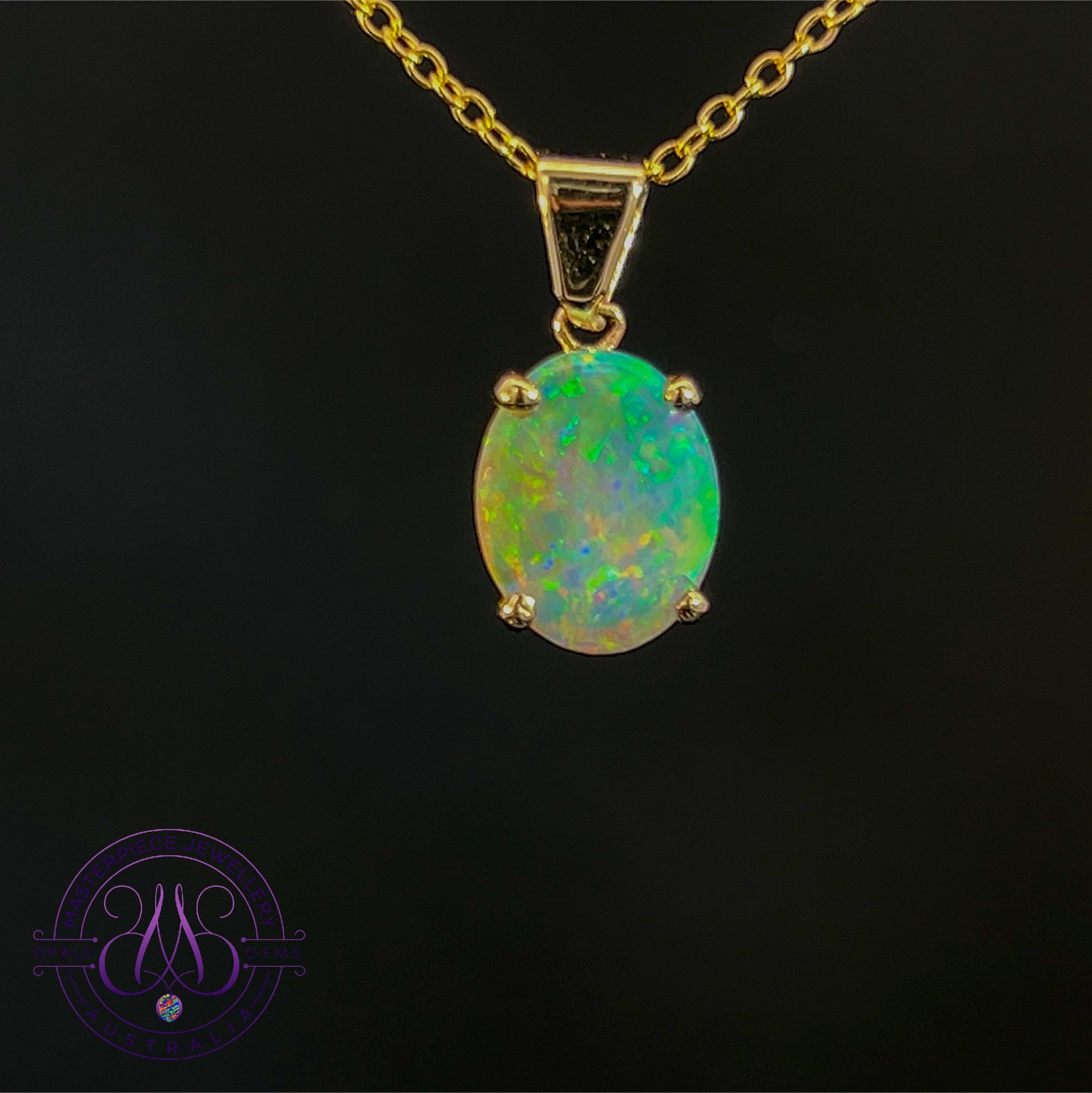 9kt Yellow Gold claw set pendant with one Oval Crystal Opal 10x8mm