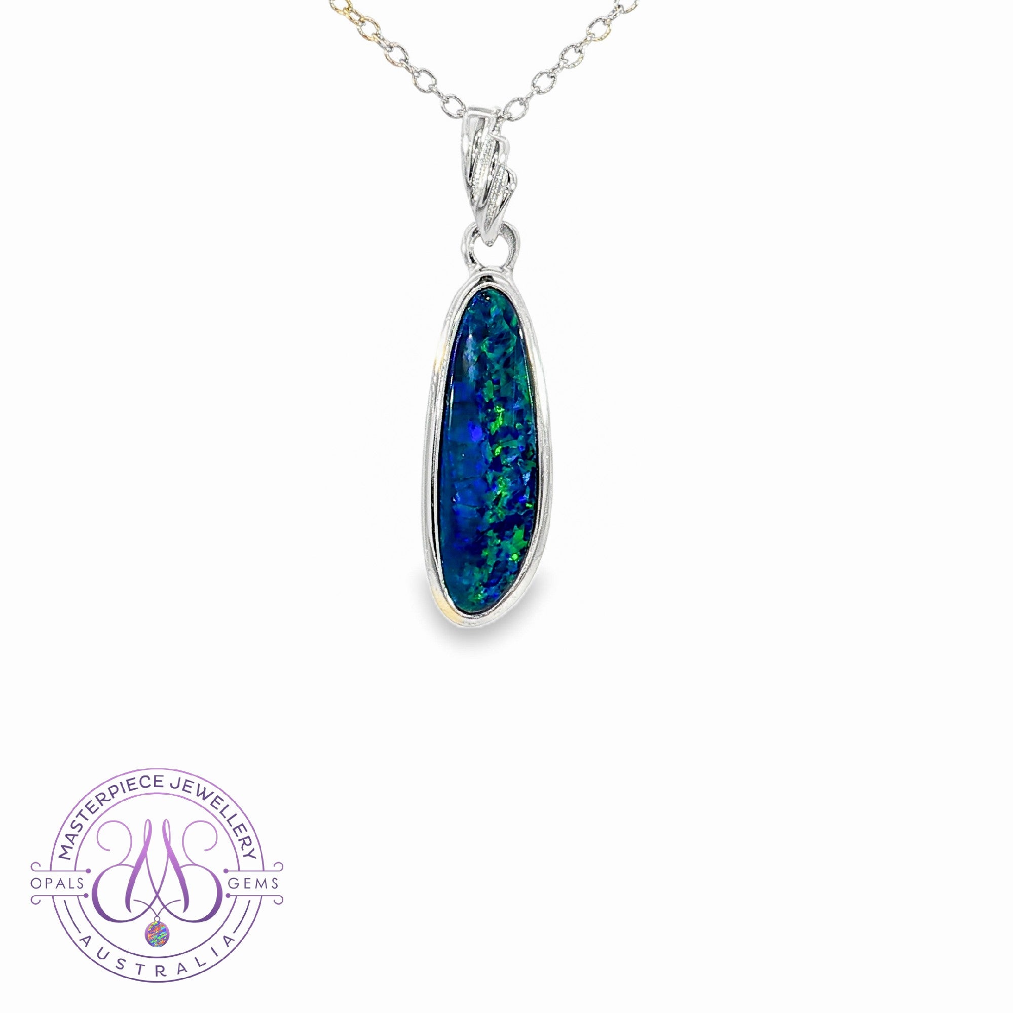 Sterling Silver Blue Green long shape opal doublet pendant