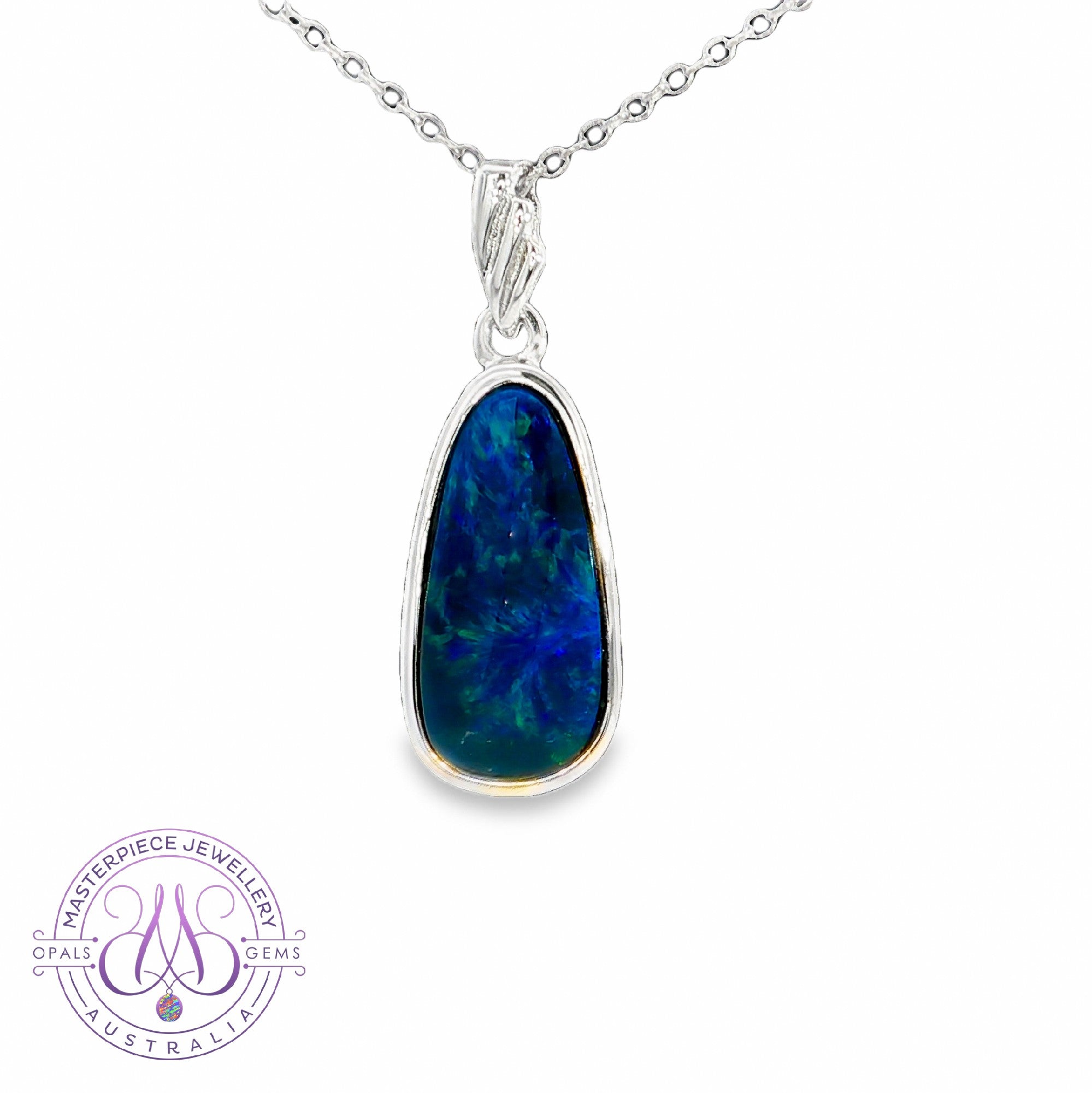 Sterling Silver Blue Opal doublet long freeform pendant