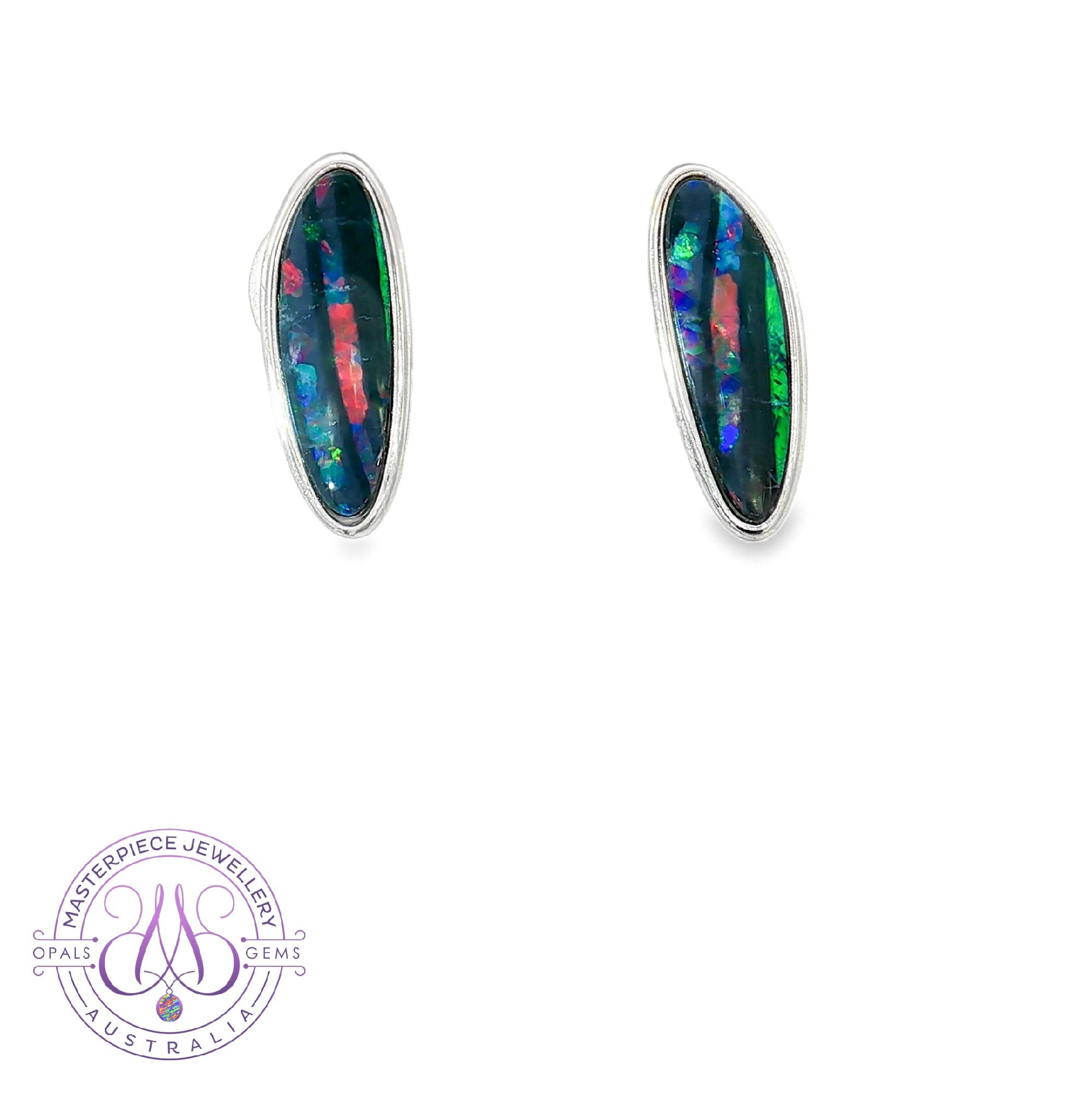Sterling Silver long freeform shape Red Black Green Opal doublet studs