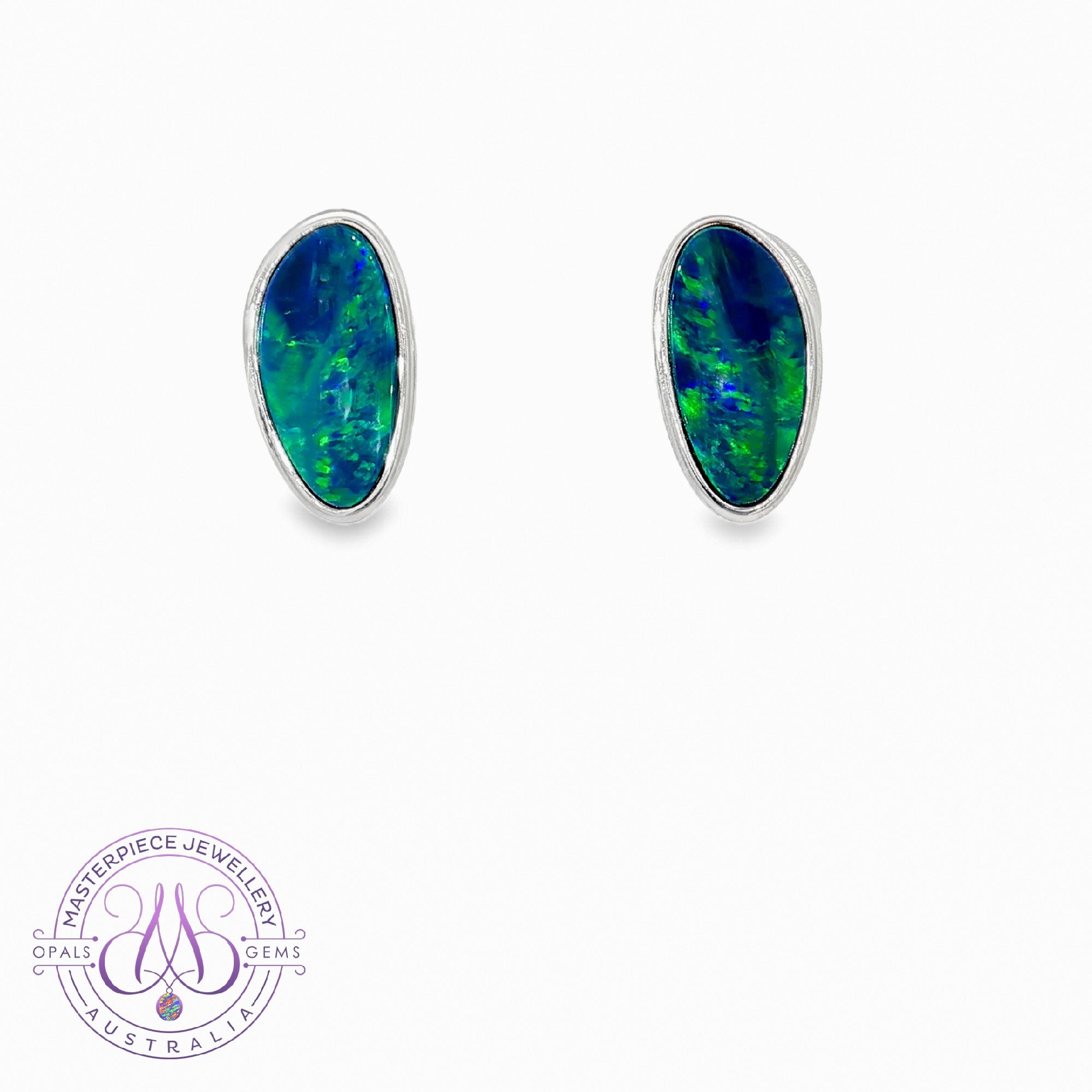 Sterling Silver Opal freeform line Blue Green Yellow doublet studs