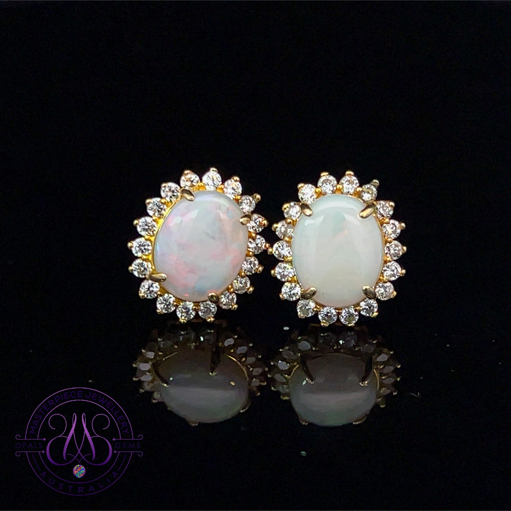 Gold Plated Silver cluster White Opal 10x8mm earrings