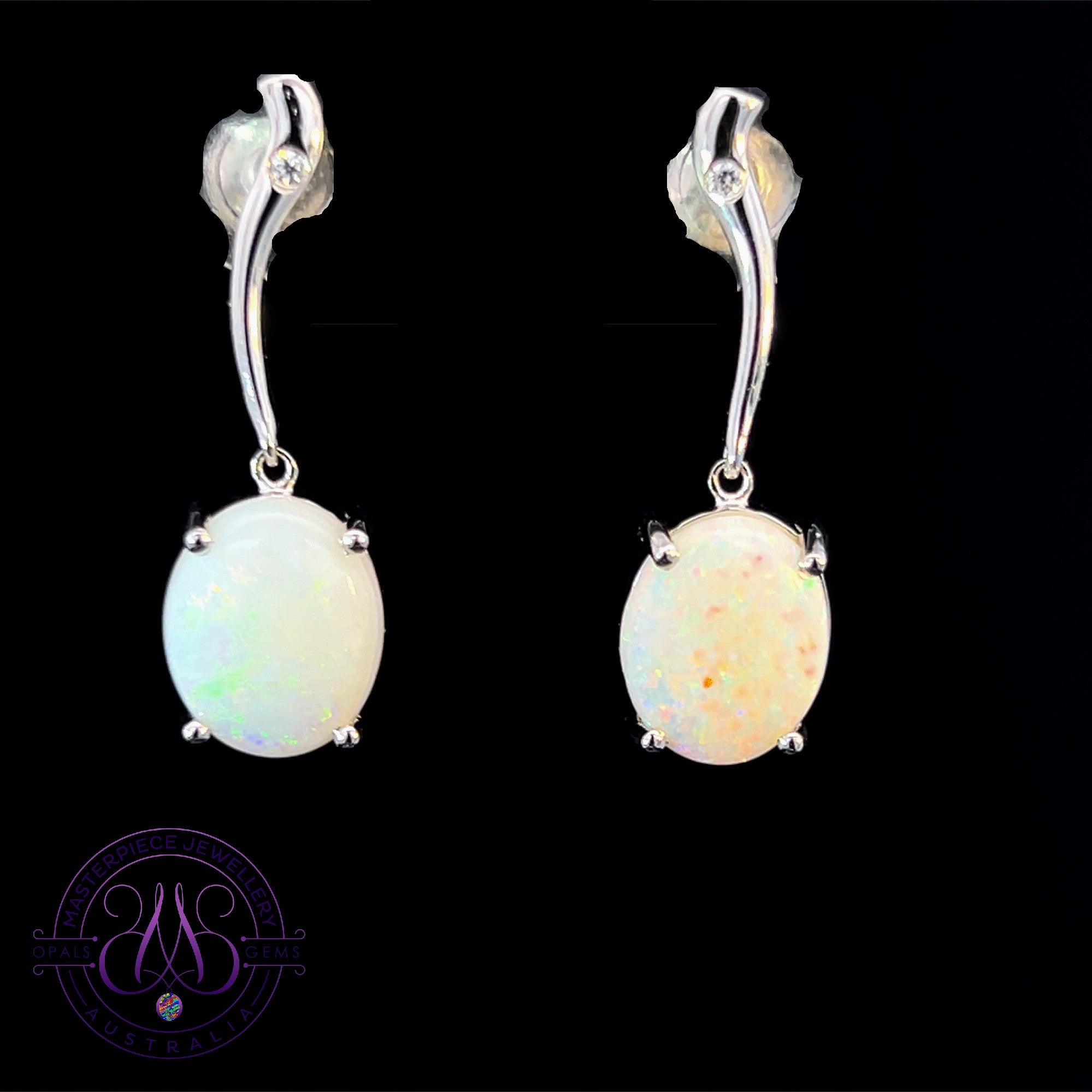 Sterling Silver dangling 10x8mm White Opal claw set curve bar earrings