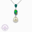 14kt White Gold drop style South Sea Pearl 8.5mm, Opal doublet and Tourmaline necklace
