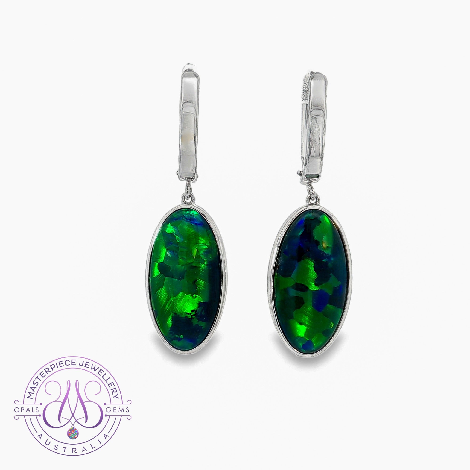 14kt White Gold long dangling Opal triplet huggie style earrings