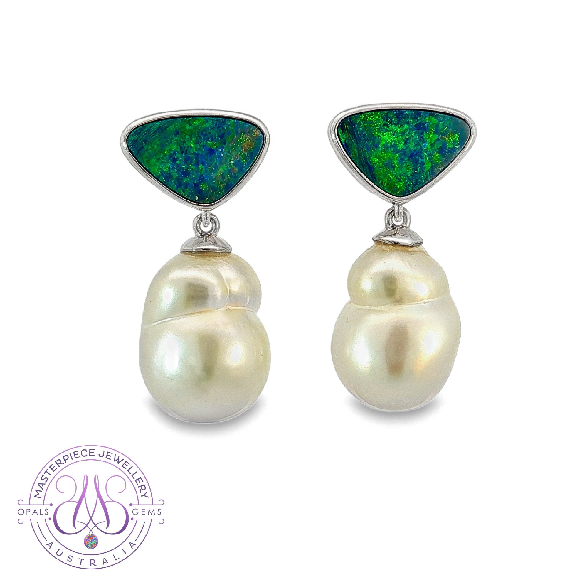 14kt White Gold South Sea Pearl and Opal dangling earrings