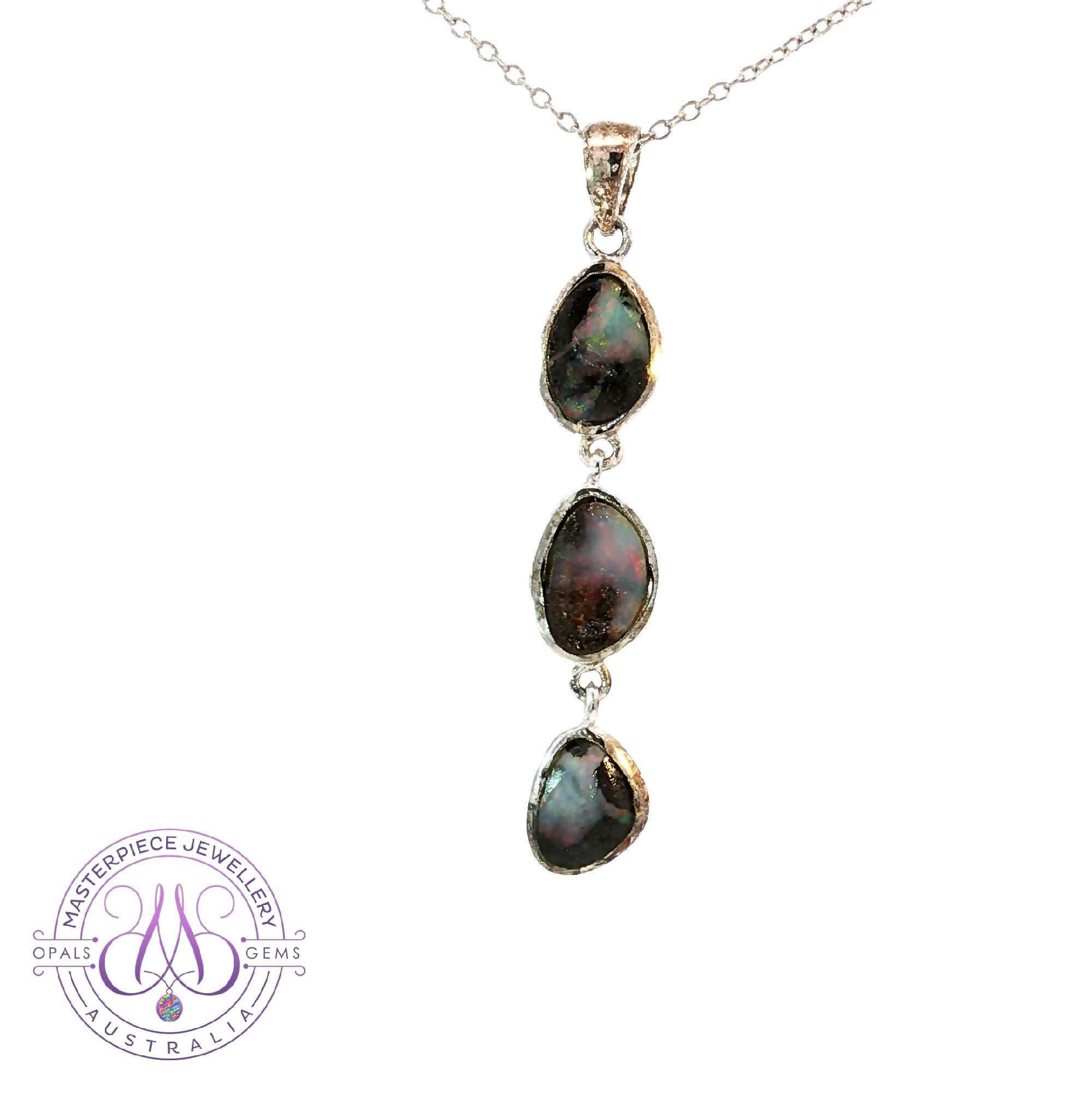 Sterling Silver Boulder Opal 3 stone drop style pendant
