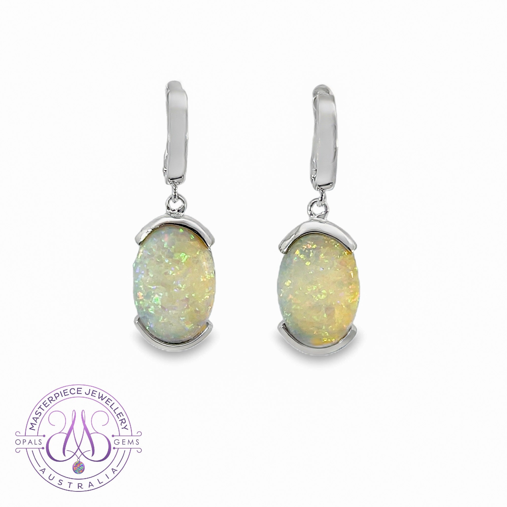 Sterling Silver drop style huggie White Opal 16x10mm half bezel earrings